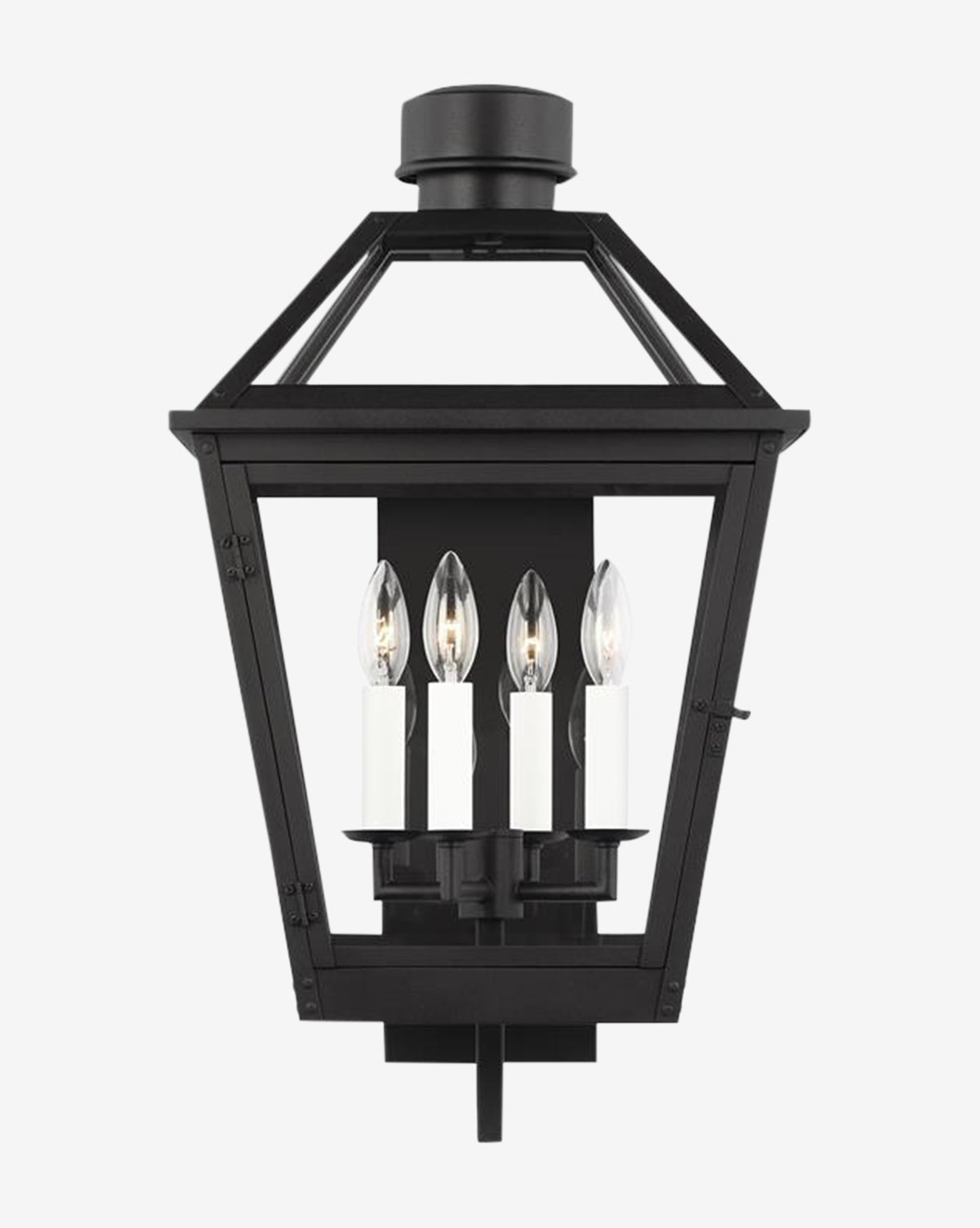 The Hyannis Outdoor Lantern is a black, rectangular outdoor light with a classic lantern design, rust-proof finish, four candle-style bulbs, and clear glass panels on all sides, by McGee & Co.