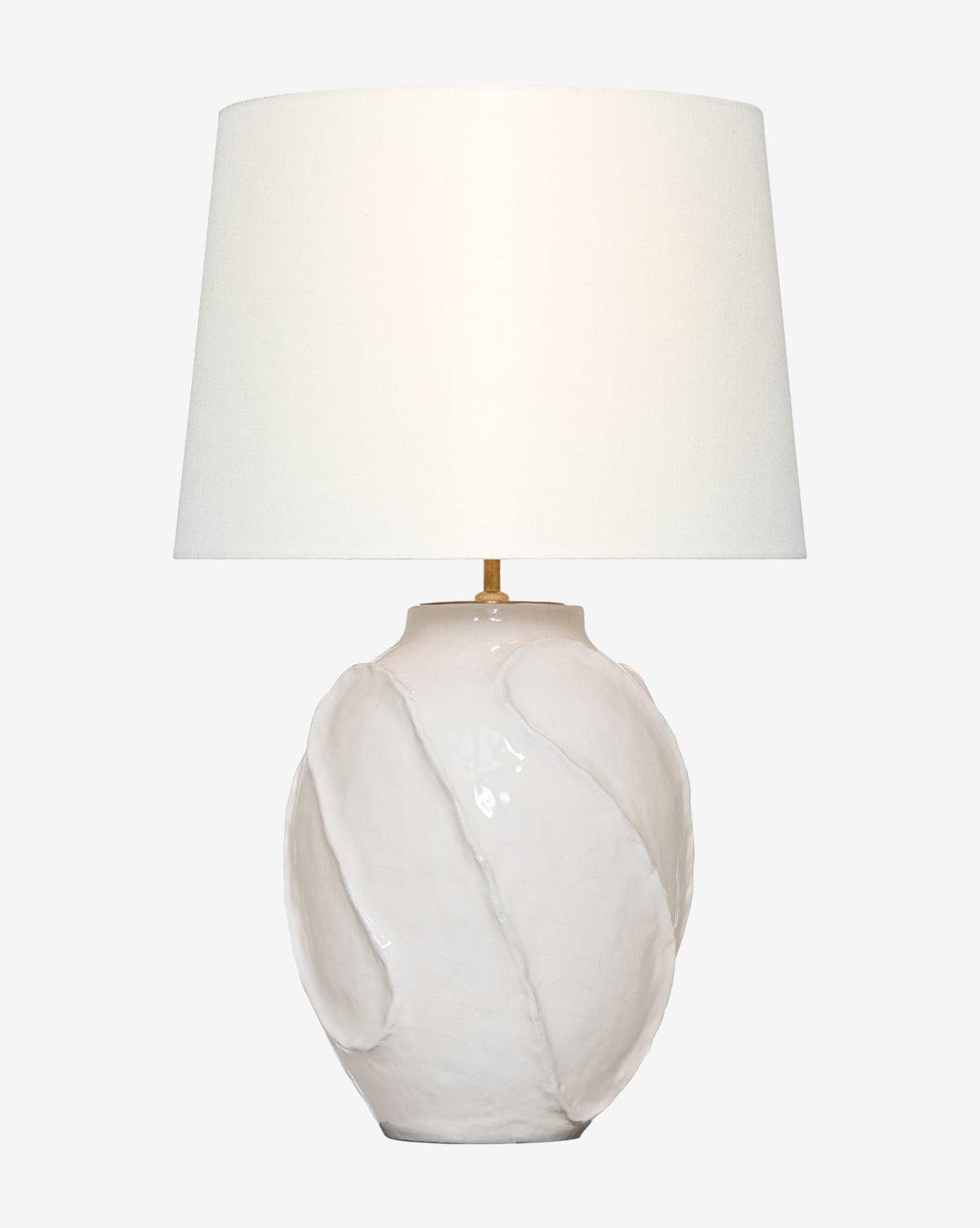 The Idalia 17 Sculpted Table Lamp by Visual Comfort & Co. Signature features a white ceramic base with a crackle finish and wide linen shade, shown against a plain light background. McGee & Co.