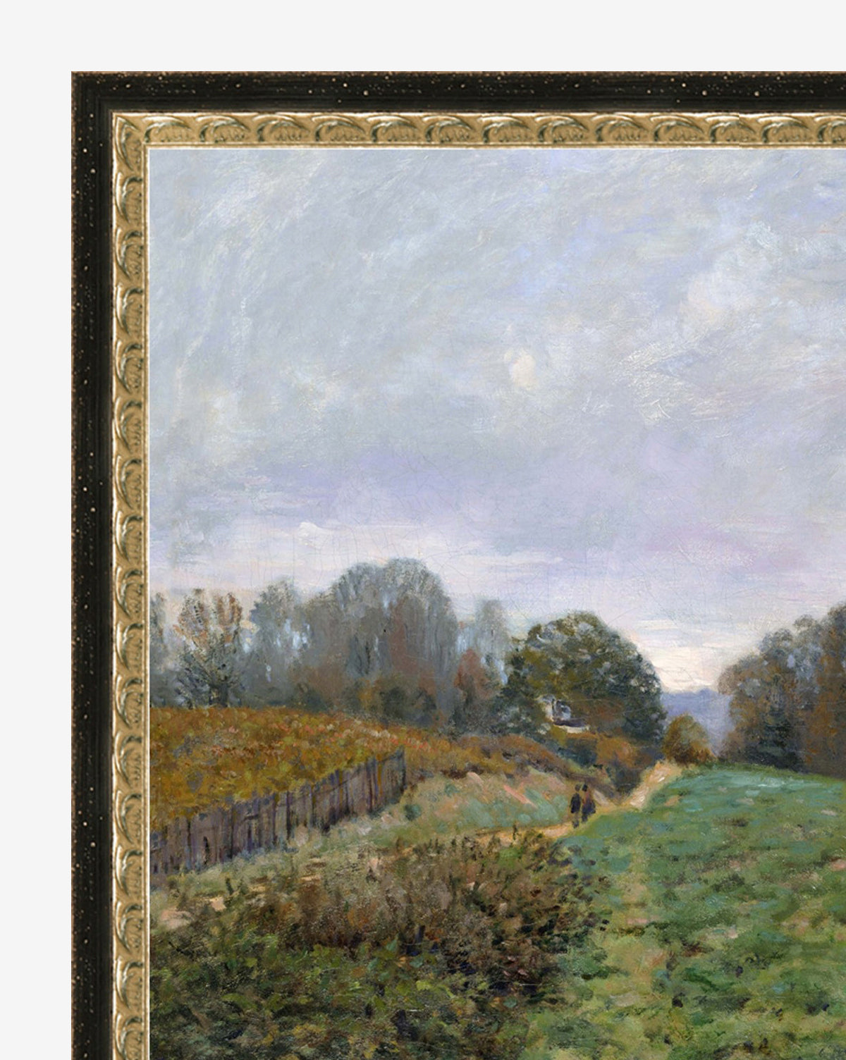 The Impressionist Landscape is a framed painting of a countryside with autumn trees, grassy path, wooden fence, cloudy sky, and two small figures walking in the distance.