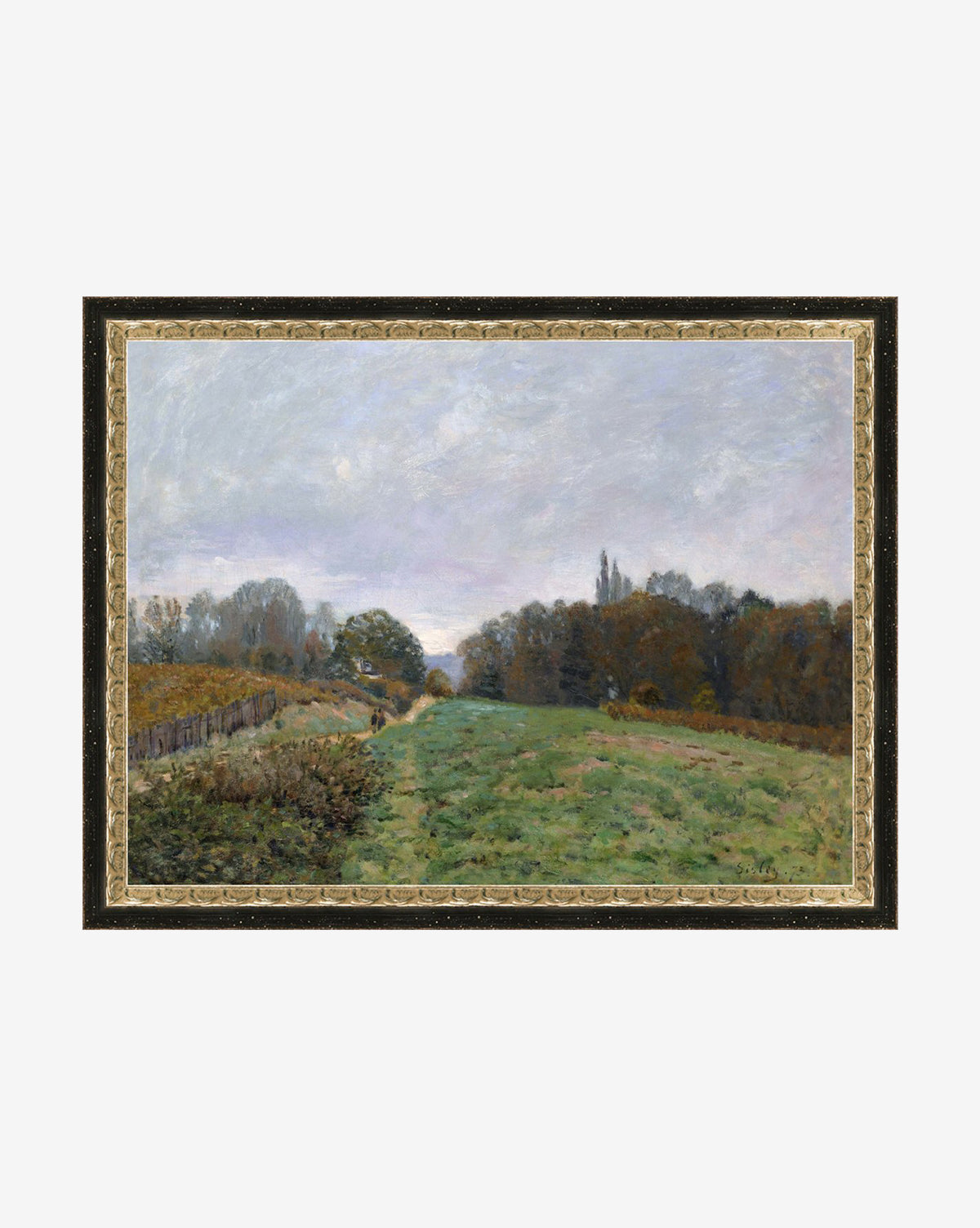 The Impressionist Landscape features a grassy field bordered by autumn trees beneath a cloudy sky, showcasing nature’s palette with soft, blended colors and a vivid sense of depth leading to the horizon.
