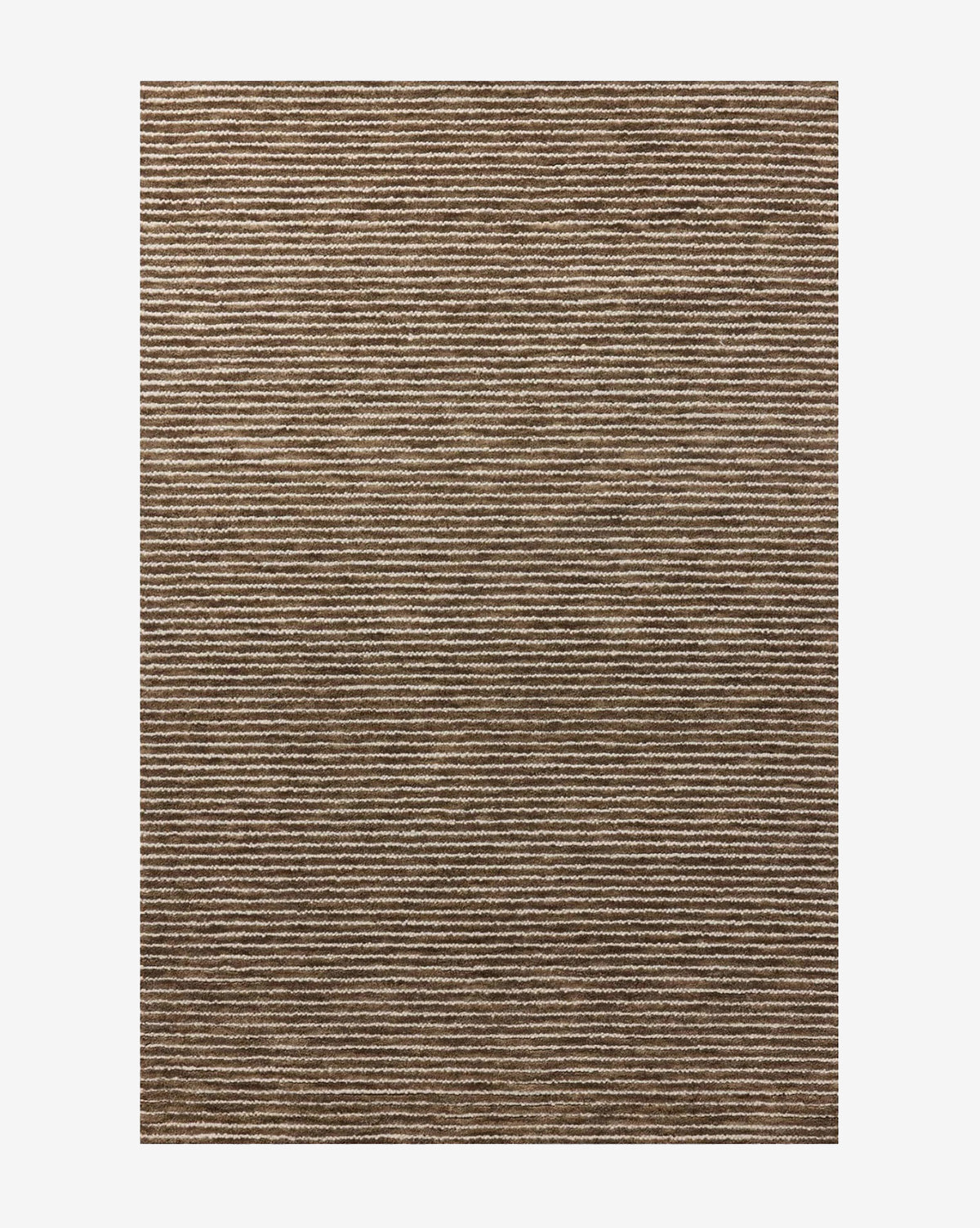 The Inara Brown Hand-Tufted Wool Rug features a mocha-toned brown background with thin, evenly spaced horizontal white stripes across its entire rectangular surface, offering both quality and modern style, by McGee & Co.