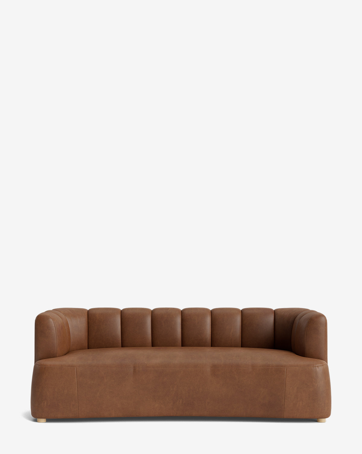 The Ines Sofa 90 features a modern low backrest and rounded, tufted brown leather upholstery, sitting elegantly against a plain white background by McGee & Co.