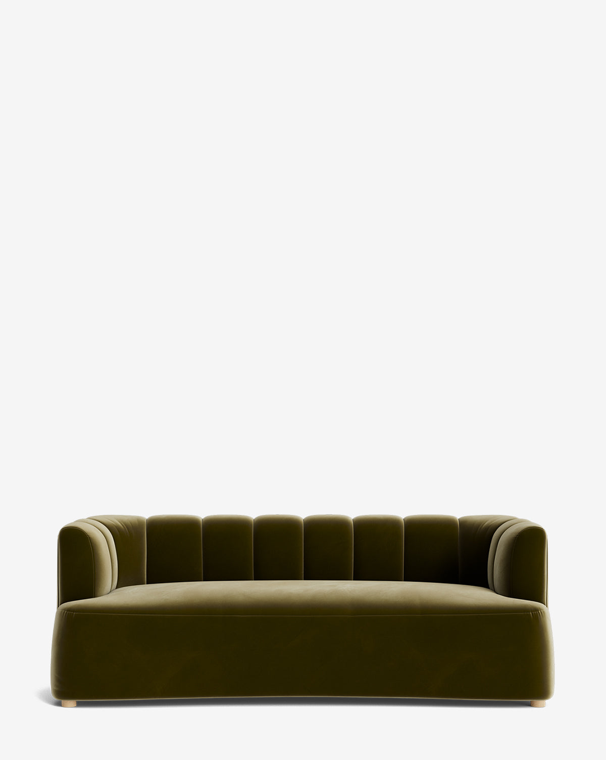 The Ines Sofa 90 is a modern olive green velvet sofa with a low back, vertical channel tufting, and rounded arms, shown on a plain white background by McGee & Co.