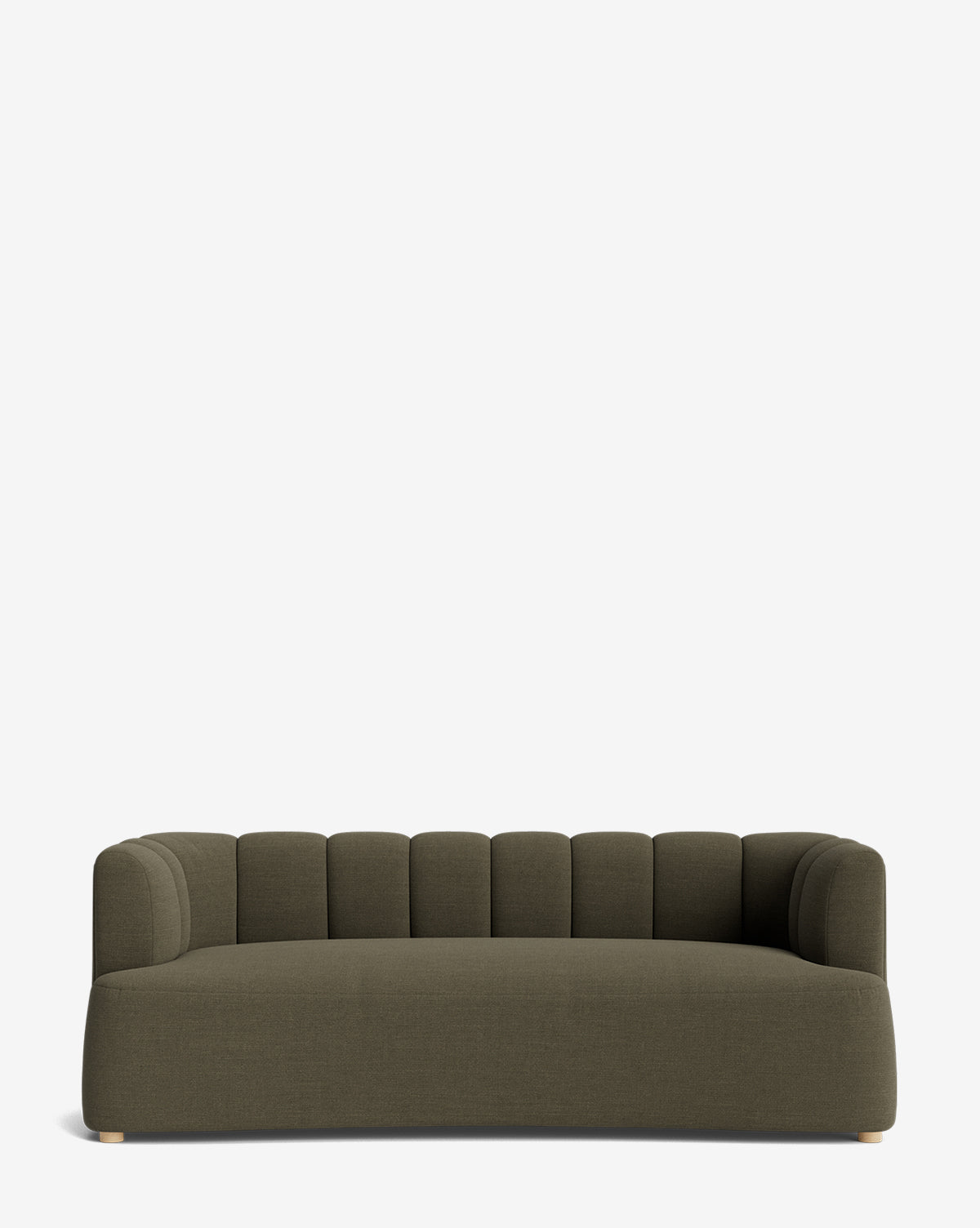 The Ines Sofa 90 is a modern, low-profile olive green velvet sofa featuring rounded edges and vertical tufting on the backrest, displayed against a plain white background by McGee & Co.