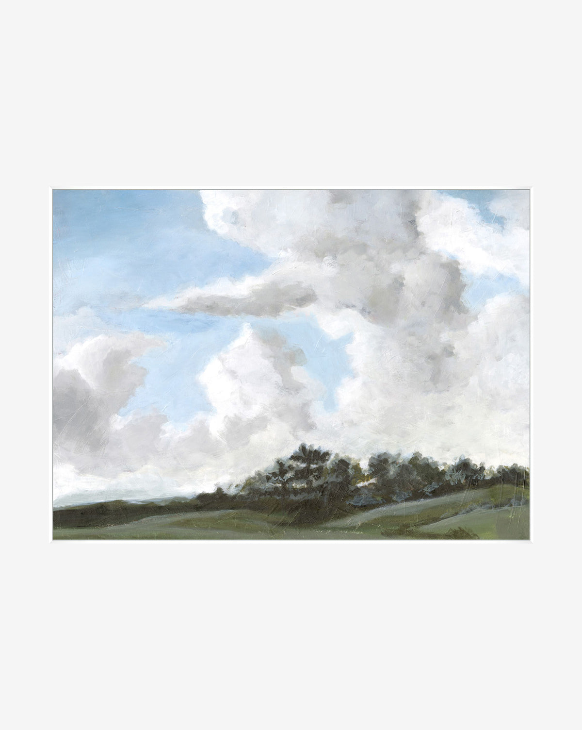 Infinite Skies: Serene landscape wall art featuring rolling green hills, a cluster of dark trees, and a bright blue sky with billowy white clouds—perfect for enhancing any room, by McGee & Co.
