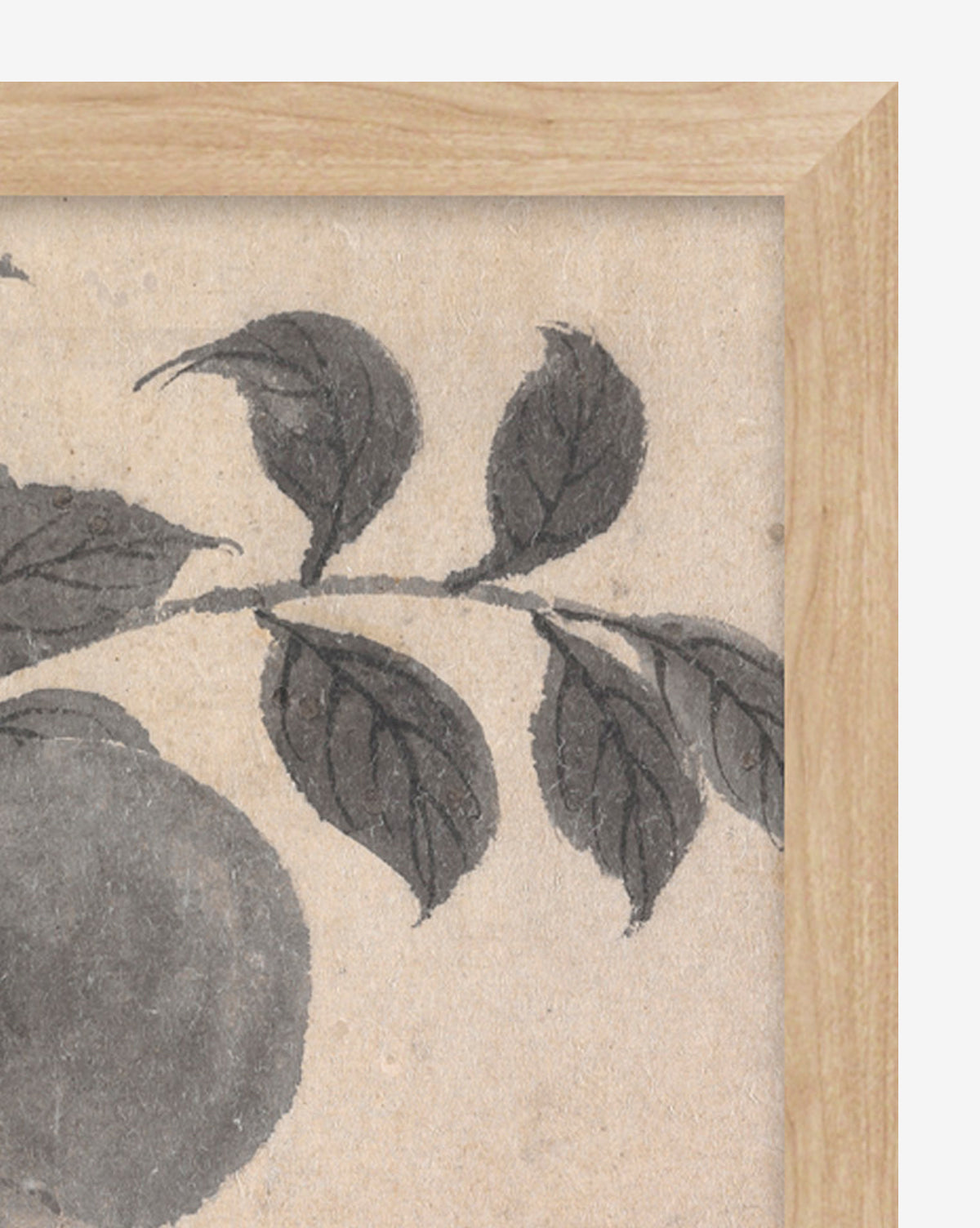 A close-up of Inked Branches II, a giclee print featuring black and gray leaves on inked branches with part of a round fruit, set against a textured beige background.