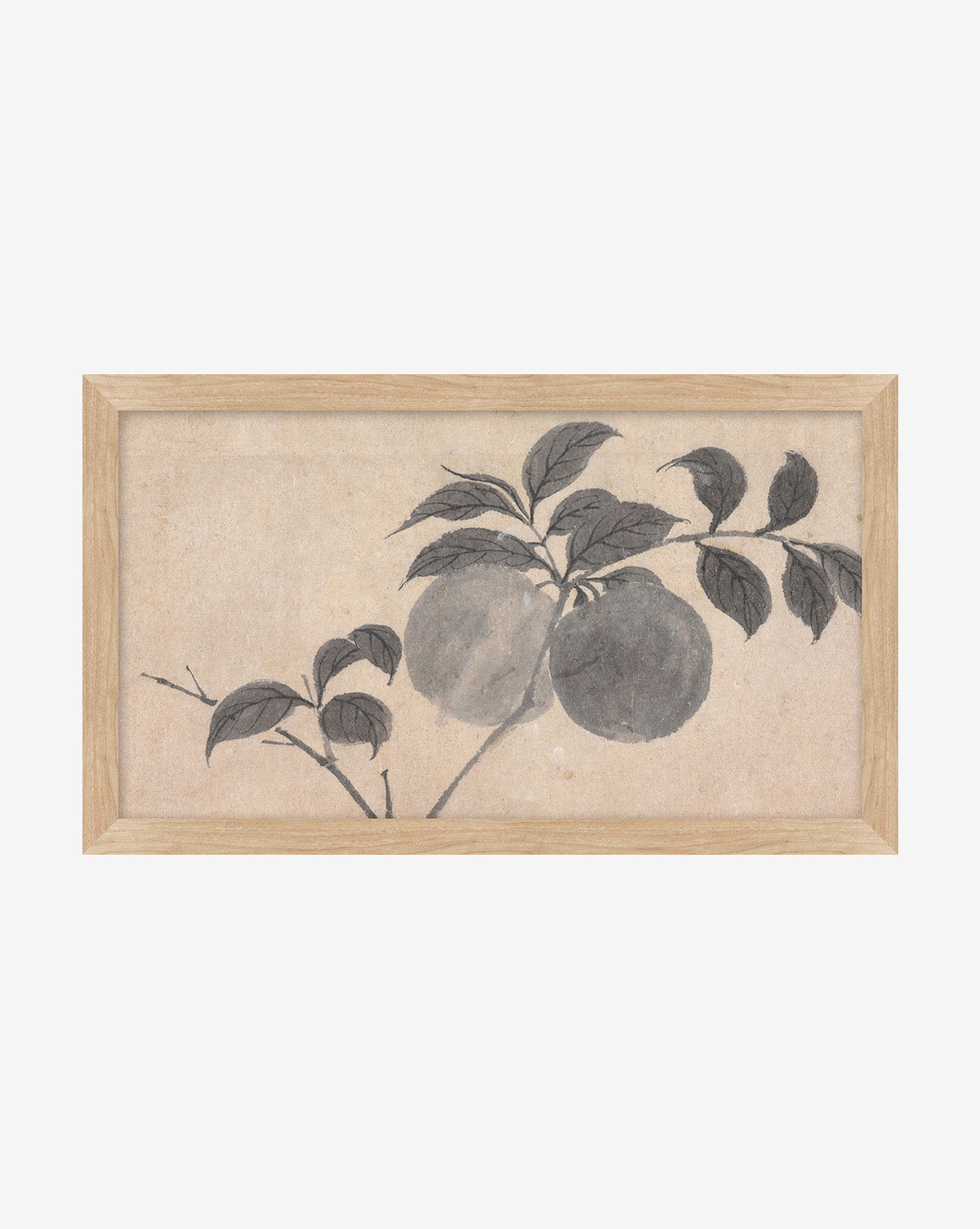 Inked Branches II features inked branches with leaves and two round fruits in shades of black and gray on a beige background, framed in natural wood.