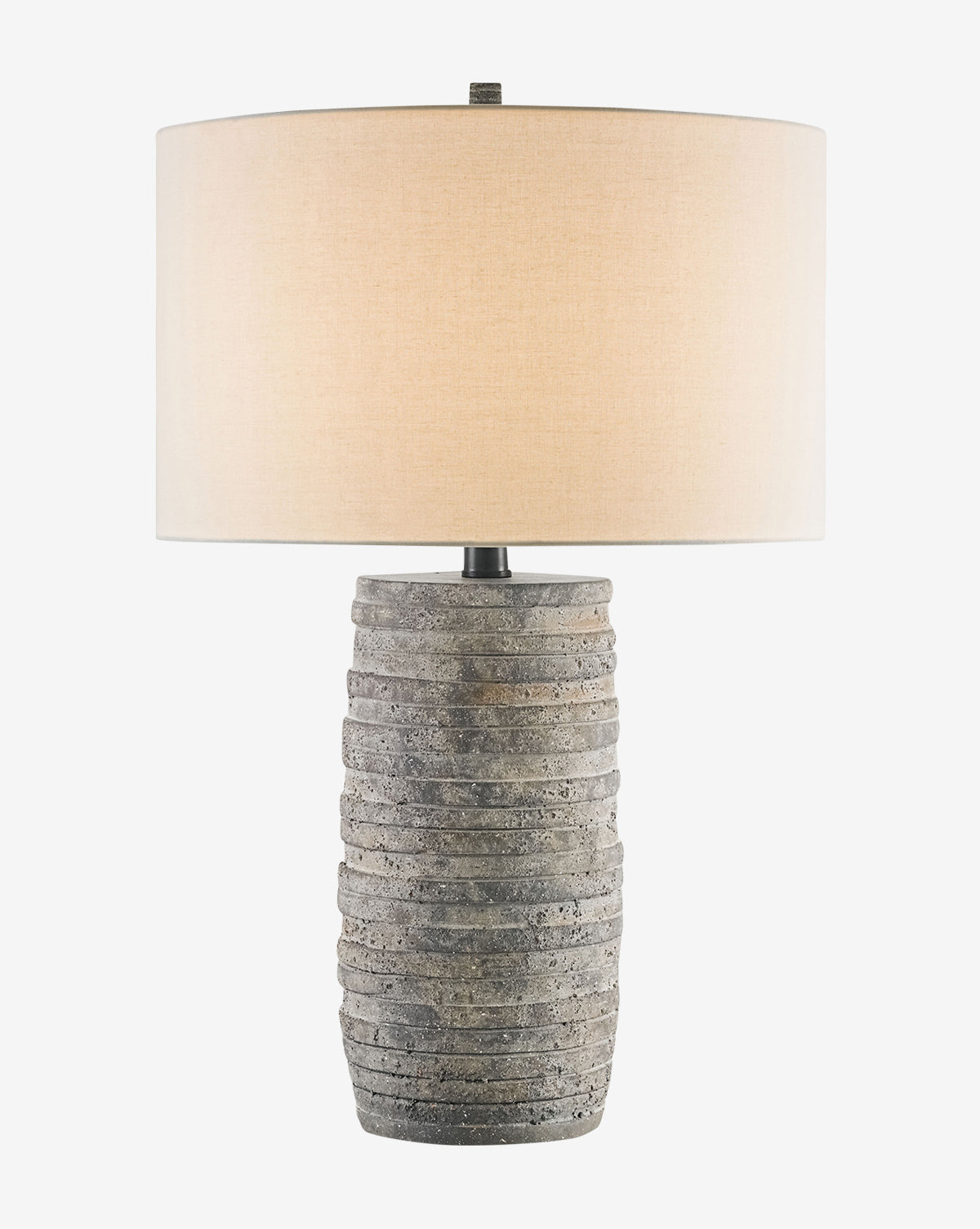 The Innkeeper Table Lamp features a textured, ribbed concrete base and a large round beige fabric shade, displayed against a white background, by McGee & Co.