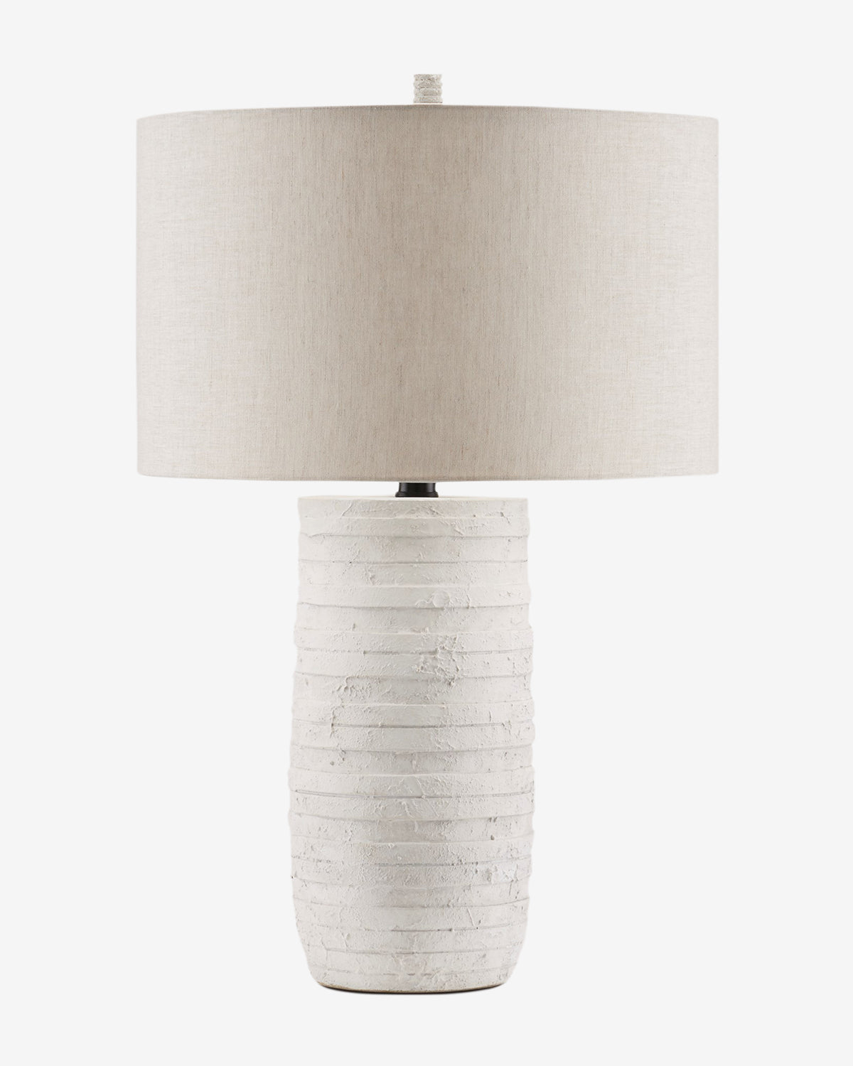 The Innkeeper Table Lamp by Currey & Co. features a rustic, textured cylindrical white base topped with a large, round beige fabric shade, displayed against a plain white background. McGee & Co.
