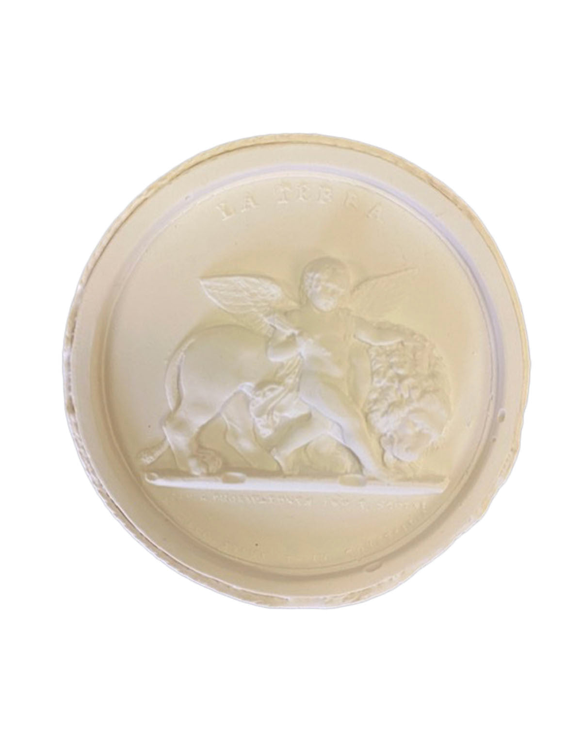 Framed Intaglio I: A round, cream medallion with raised relief of a cherub beside a lion. The cherub holds a feathered object; “LA FORZA” is inscribed above. Ideal as monochromatic wall art.