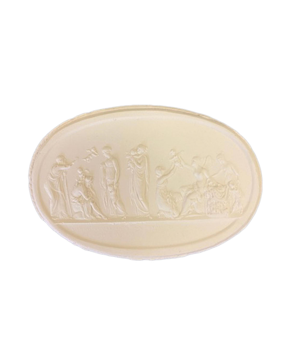 An oval cream-colored soap bar with an embossed design of classical human figures, echoing the elegant details featured in Framed Intaglio II gallery wall decor.