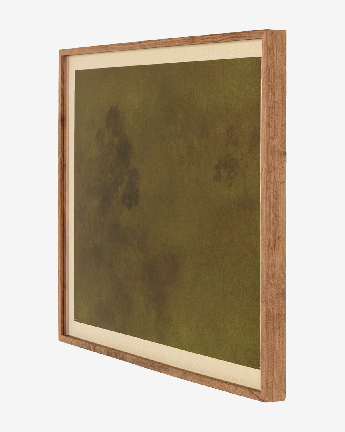 Intertwined by Aileen Fitzgerald is a framed painting with a rustic walnut frame, showcasing an abstract green landscape with faint tree outlines, echoing Texas hillside art and viewed from an angle.
