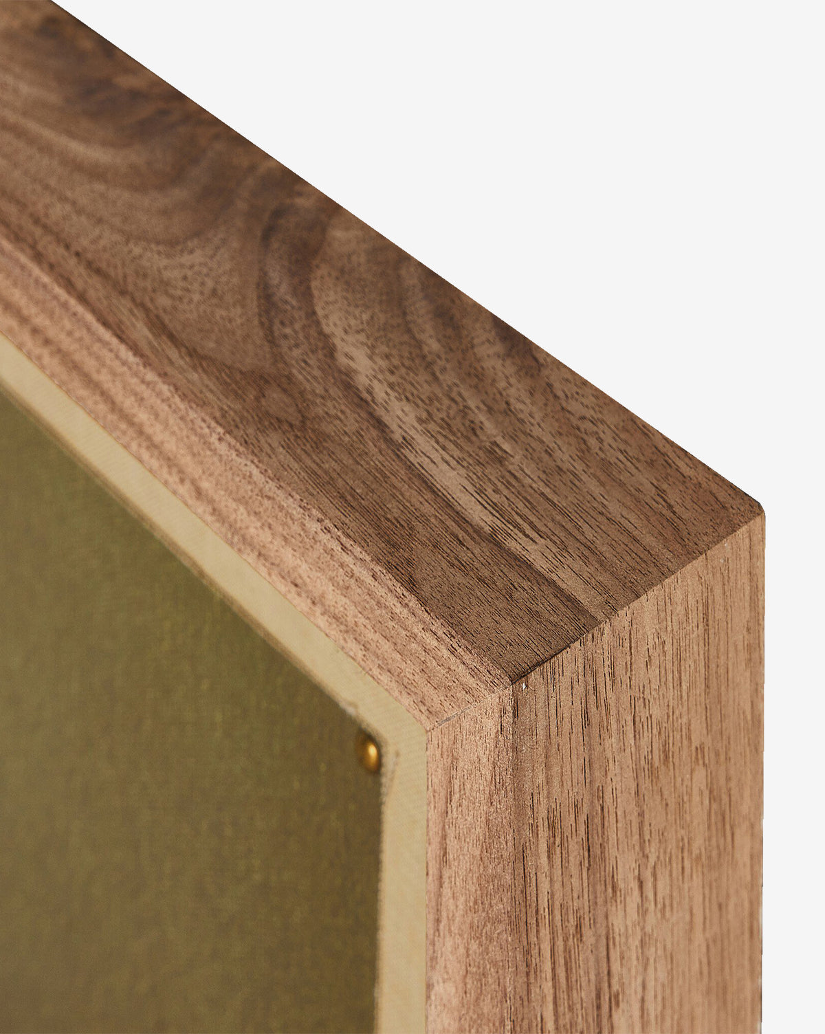 Close-up of a rustic walnut frame with natural finish and gold-toned inner border, showcasing the wood grain—perfect for displaying Intertwined by Aileen Fitzgerald as your Texas hillside art or matte canvas wall décor.