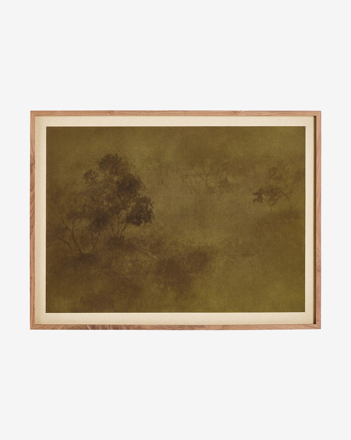 Intertwined by Aileen Fitzgerald is framed Texas hillside art, showcasing a muted, sepia-toned landscape with subtle trees and foliage in a soft, ethereal style, finished in a rustic walnut frame.