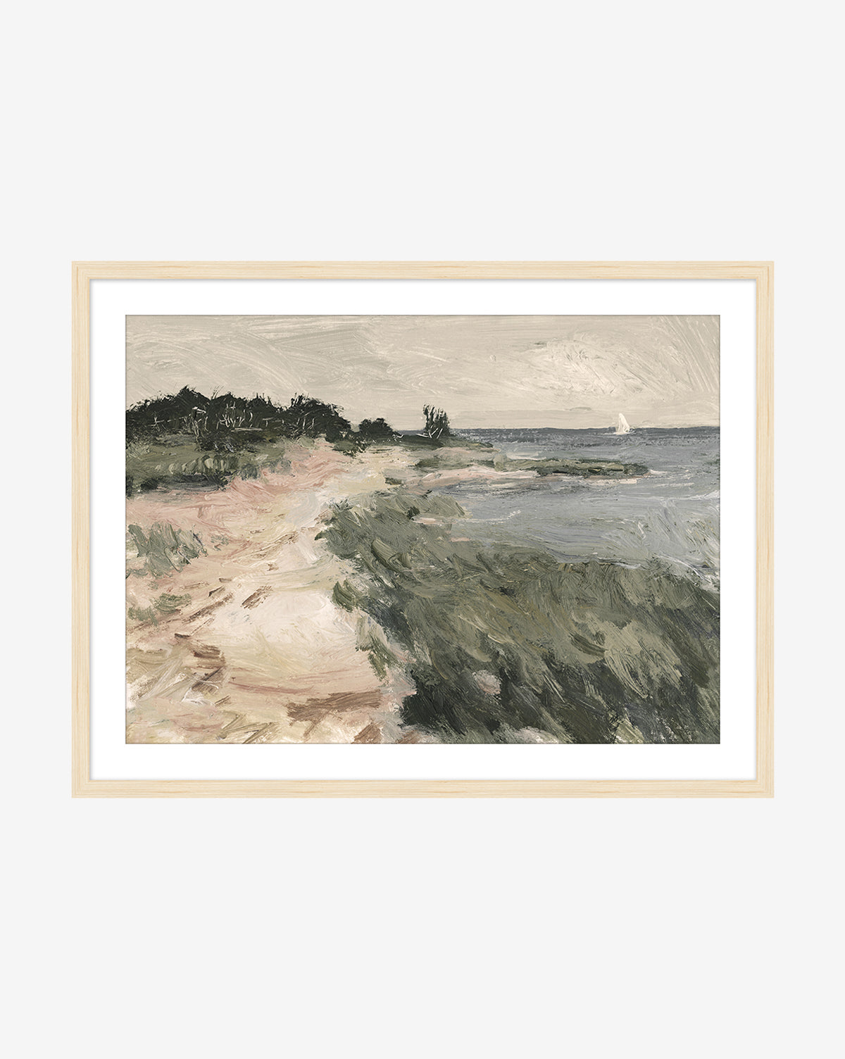 Into the Cove by Russ Potak is a framed painting featuring a sandy path through grassy dunes to the sea beneath a cloudy sky, with a distant white sailboat—ideal coastal décor.