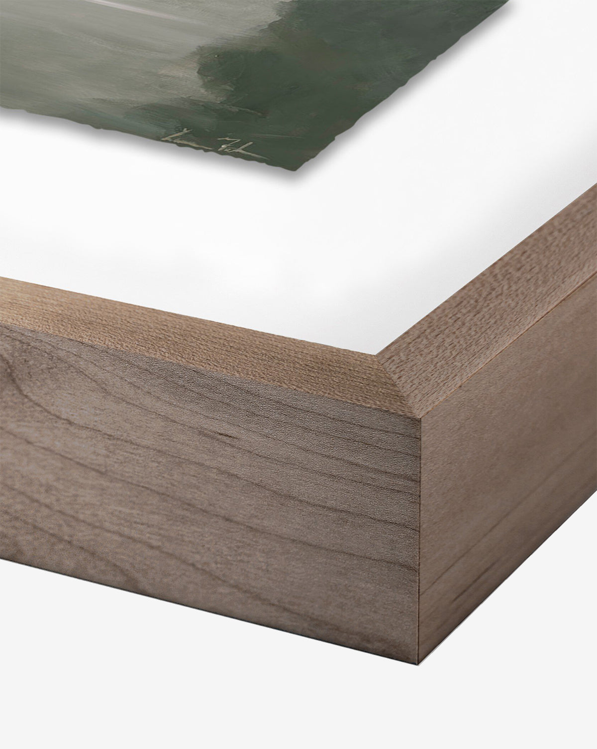 Close-up of the corner of a wooden frame featuring Into The Dawn by Lauren Fuhr, expressive artwork with a white mat border and a textured green and gray design on fine art paper, by McGee & Co.