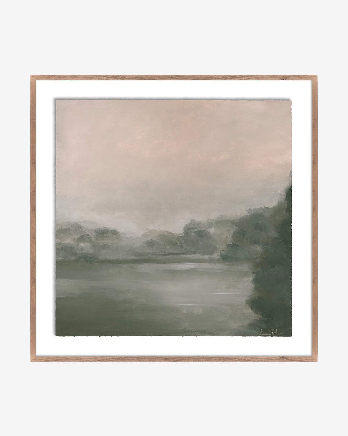 Into The Dawn by Lauren Fuhr is a framed expressive artwork depicting a serene countryside with a misty sky, soft green trees, and calm water in muted pastel tones, by McGee & Co.