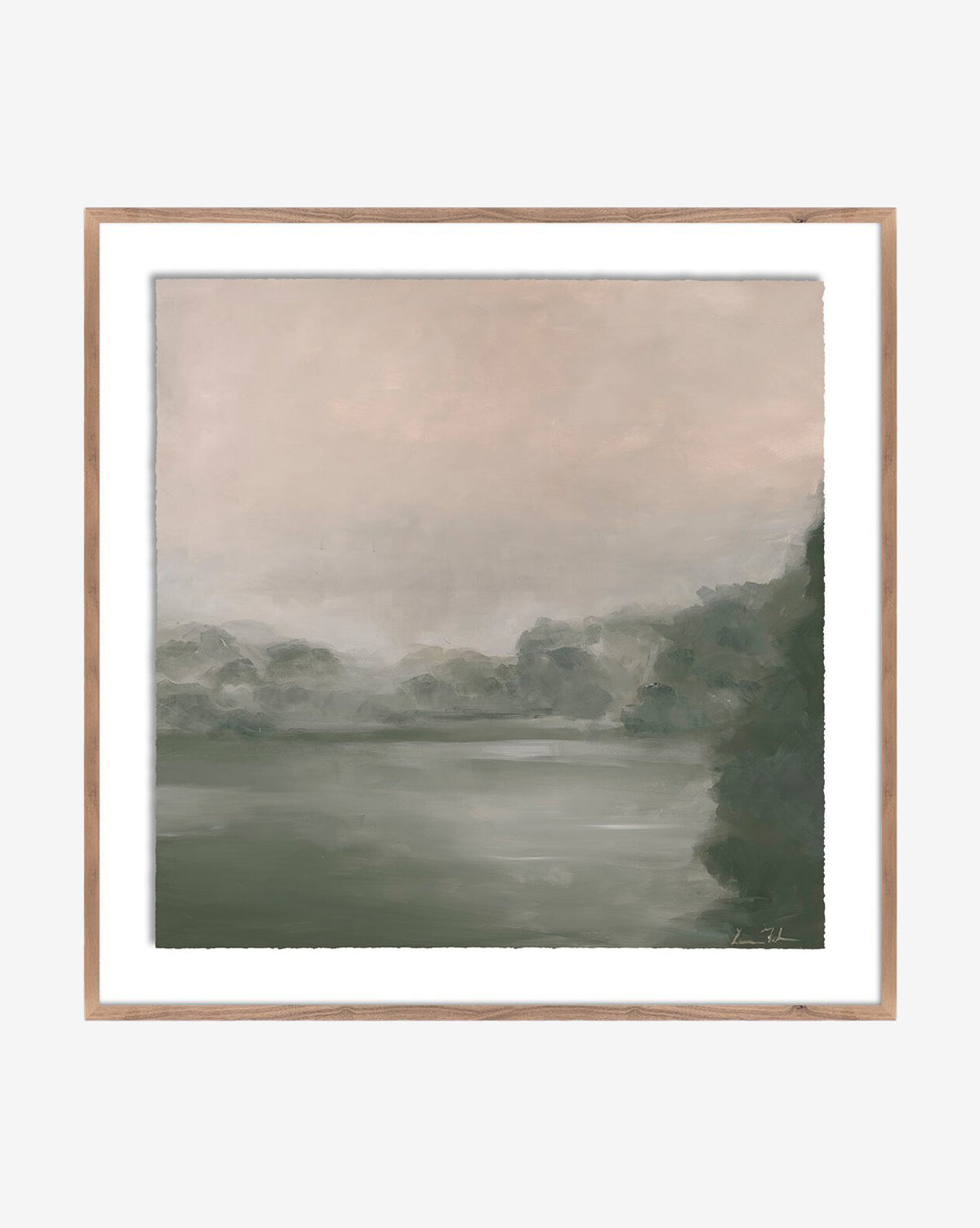 Into The Dawn by Lauren Fuhr is a framed painting featuring expressive soft brushstrokes, showing a misty sky above calm water and green foliage in muted greens and pale pinkish-beige tones, by McGee & Co.