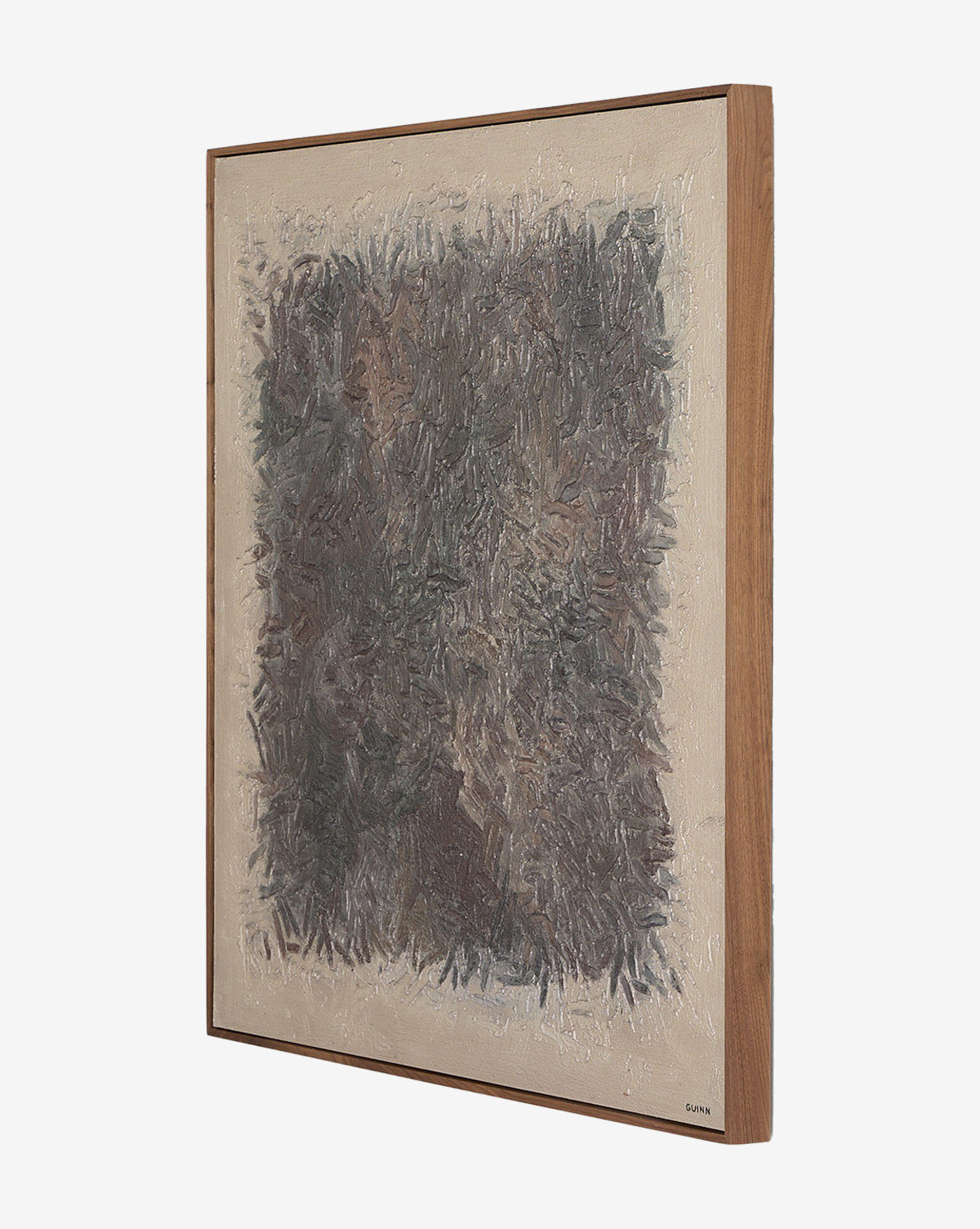 Side view of Into The New No. 2 by Tyler Guinn, showcasing textured gray, brown, and black brushstrokes on light beige. The modern abstract piece is framed in rustic walnut to enhance its tactile appeal, by McGee & Co.