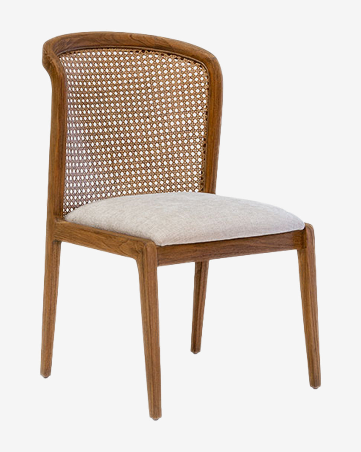 The Irma Dining Chair showcases a sturdy teak frame, a curved backrest with detailed cane backing, and a light beige cushioned seat for comfort and style, by McGee & Co.