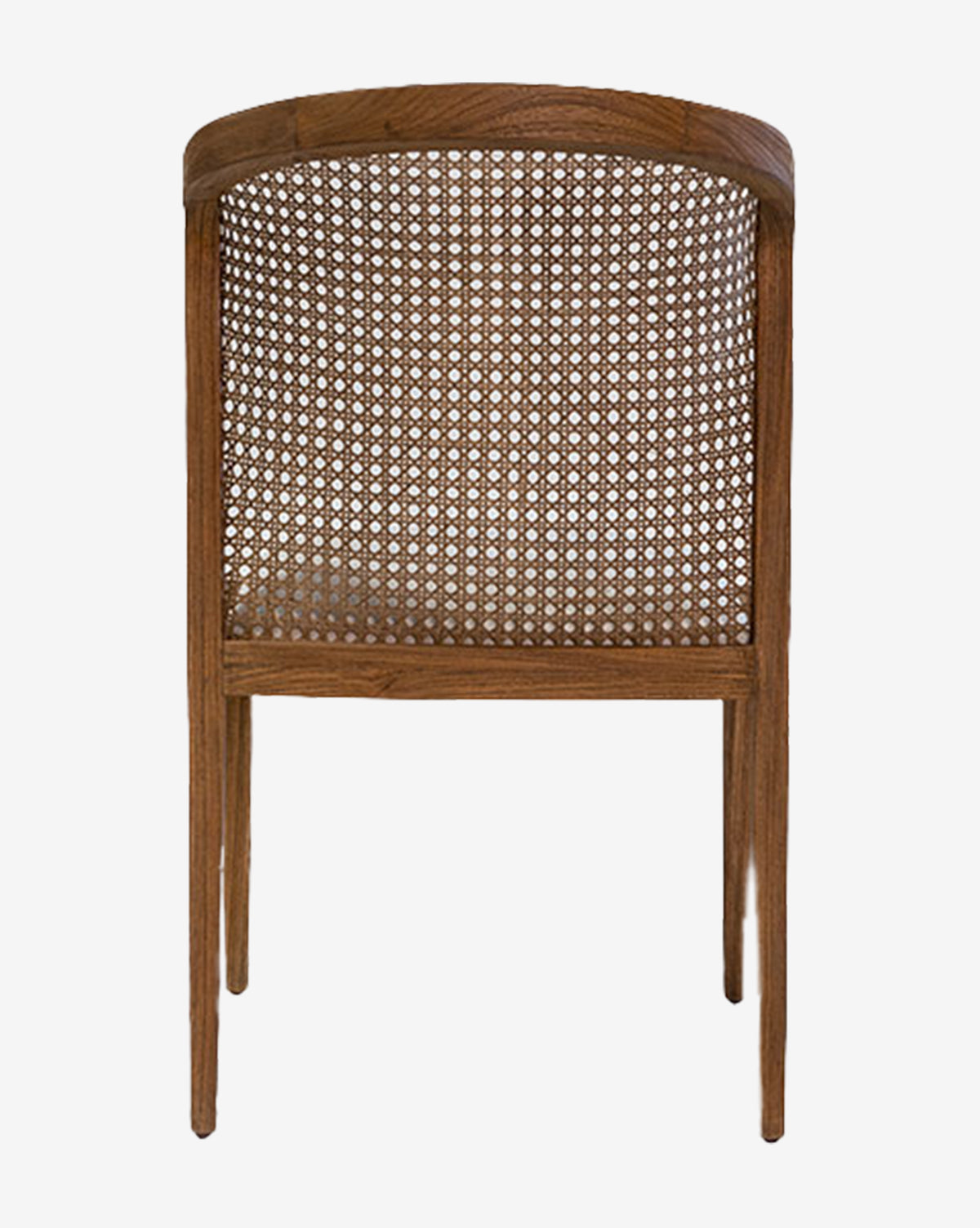 The Irma Dining Chair boasts a teak frame with simple straight legs, a medium brown finish, and an elegant curved backrest with woven cane, making it timeless and beautiful from every angle, by McGee & Co.