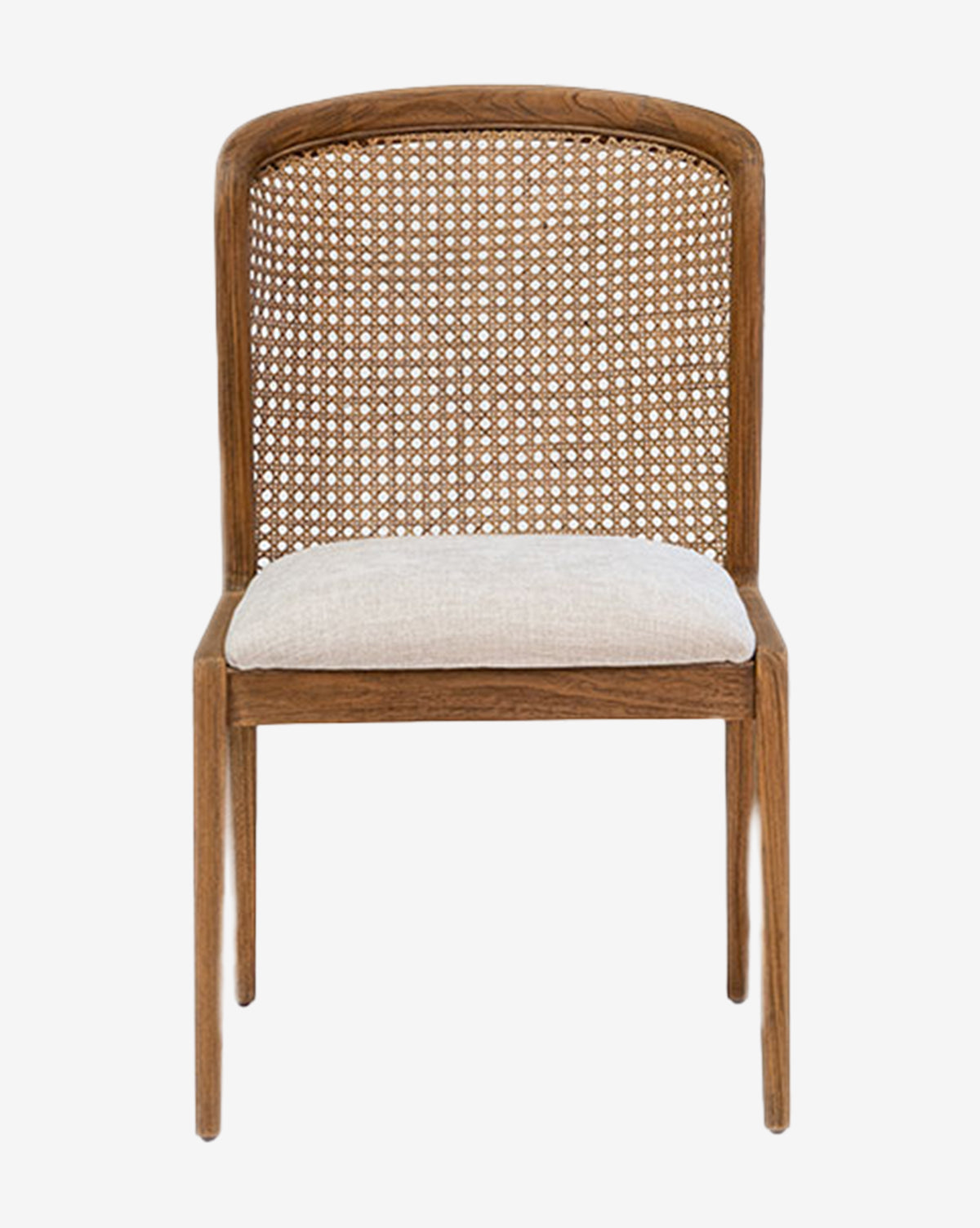 The Irma Dining Chair is shown from the front against a white background, featuring a teak frame, woven cane back, and a light beige cushioned seat by McGee & Co.