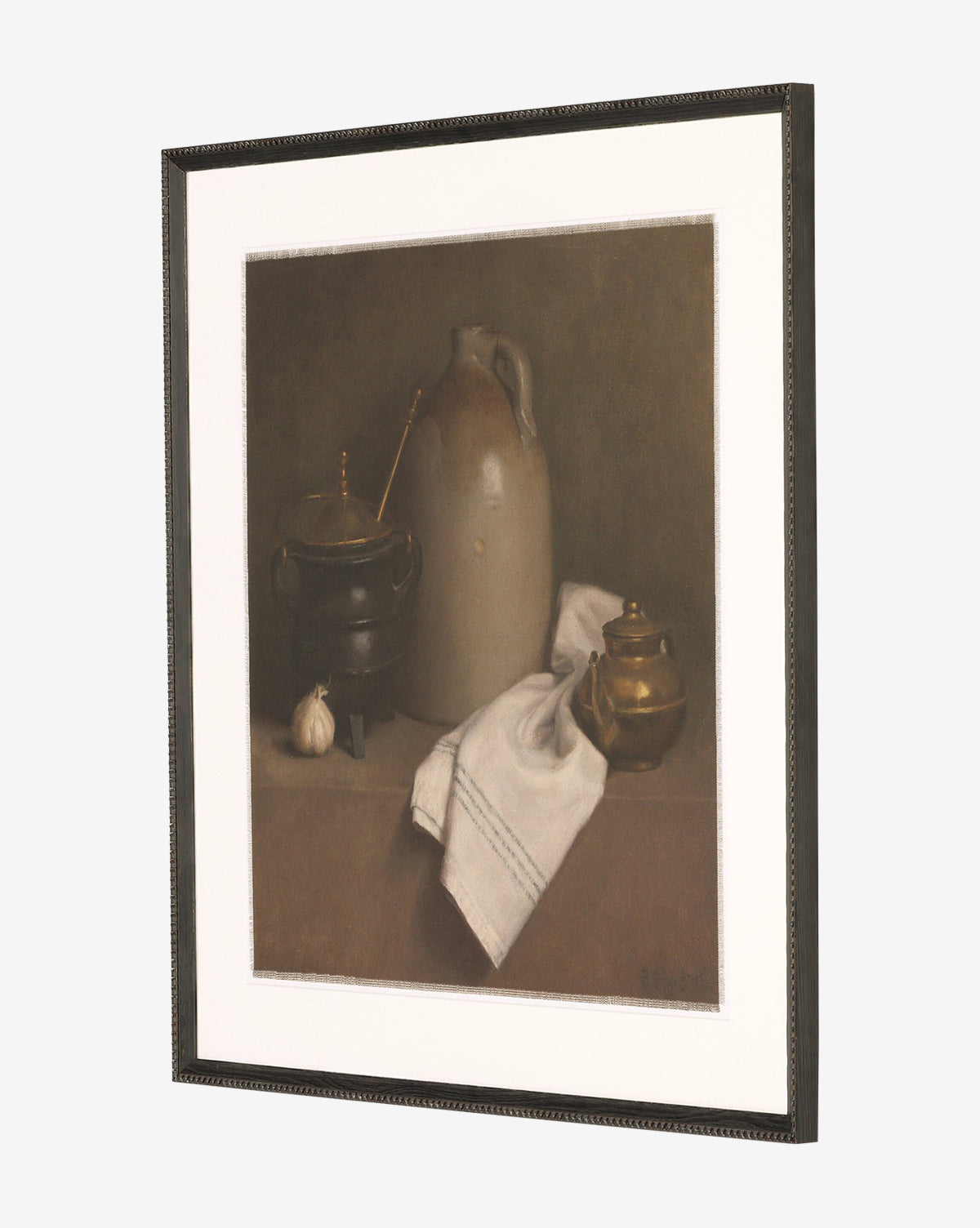 Iron and Brass by Bethany Joseph is a handmade wall art piece featuring a ceramic jug, black pot, brass container, striped cloth, and garlic on brown, all set in a neutral background and finished with a Brimfield black frame, by McGee & Co.