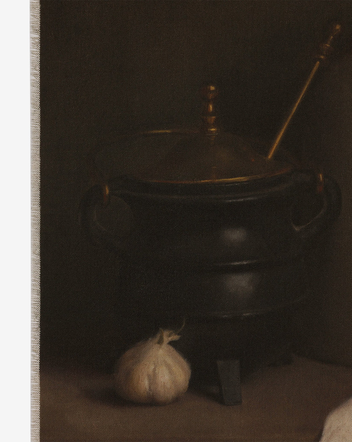 Iron and Brass by Bethany Joseph is a layered oil still life of a black pot with brass lid and ladle beside a garlic bulb, all set in a Brimfield black frame for a classic, moody look, by McGee & Co.