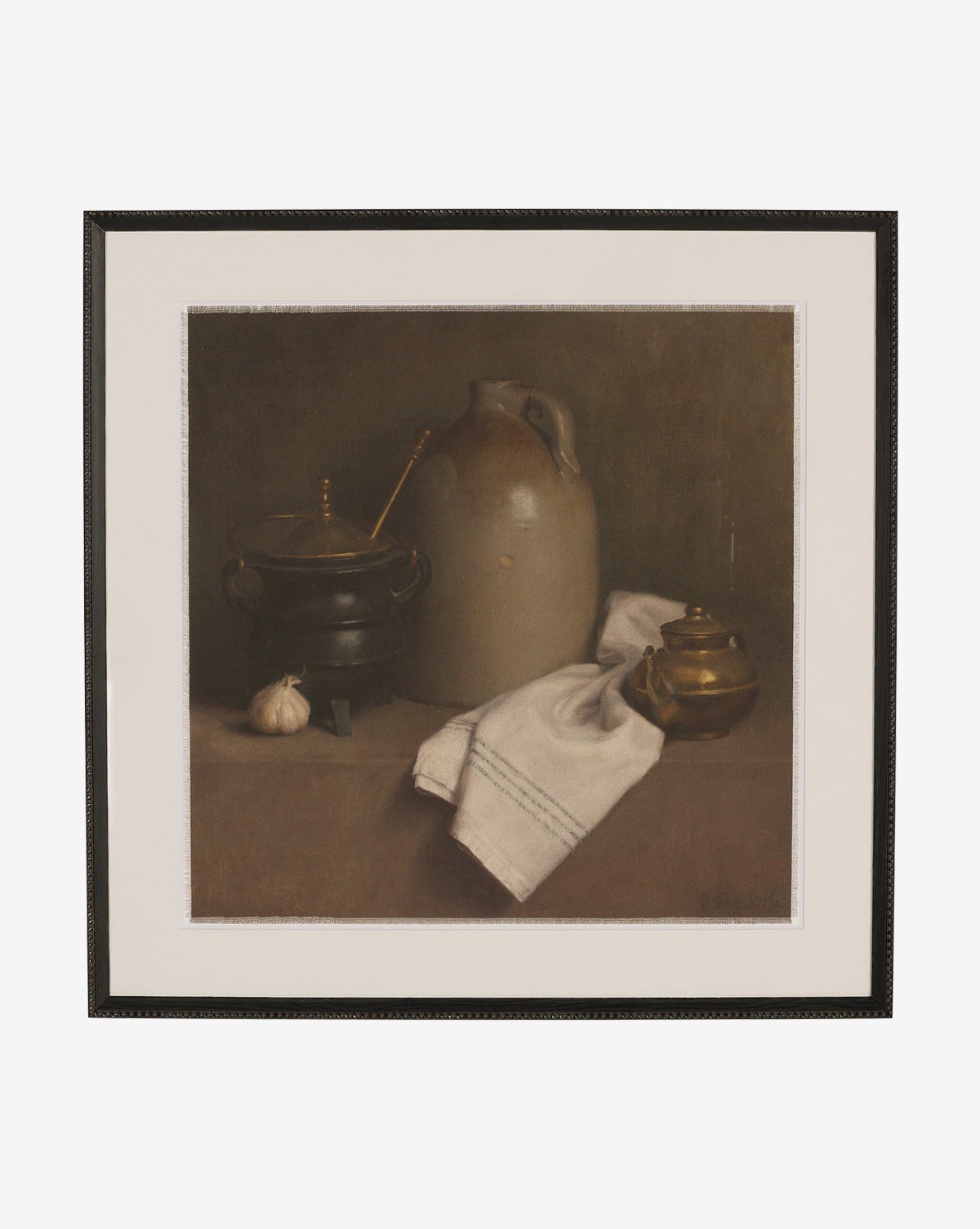 “Iron and Brass by Bethany Joseph” is a framed still-life oil painting in a Brimfield black frame, depicting a ceramic jug, brass teapot, black pot with ladle, white cloth, and garlic bulb on a table against a dark background by McGee & Co.