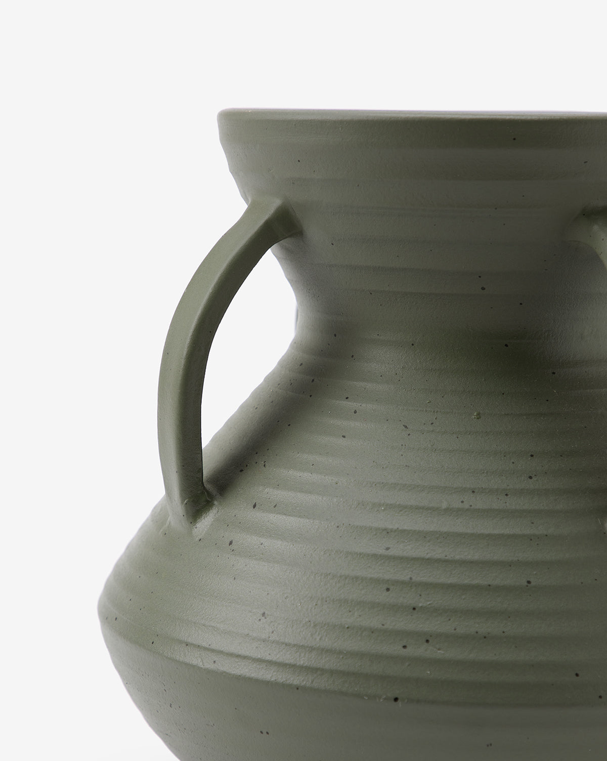 Close-up of the upper half of the Isaiah Vase, showcasing its unique silhouette with two curved handles and a textured matte agave green glaze, set against a plain white background.
