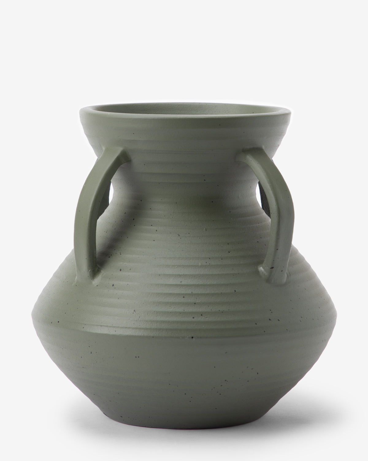 The Isaiah Vase is a matte agave green ceramic piece with a wide body, narrow neck, and two curved side handles. Subtle horizontal ridges add textured detail, all showcased against a plain white background.