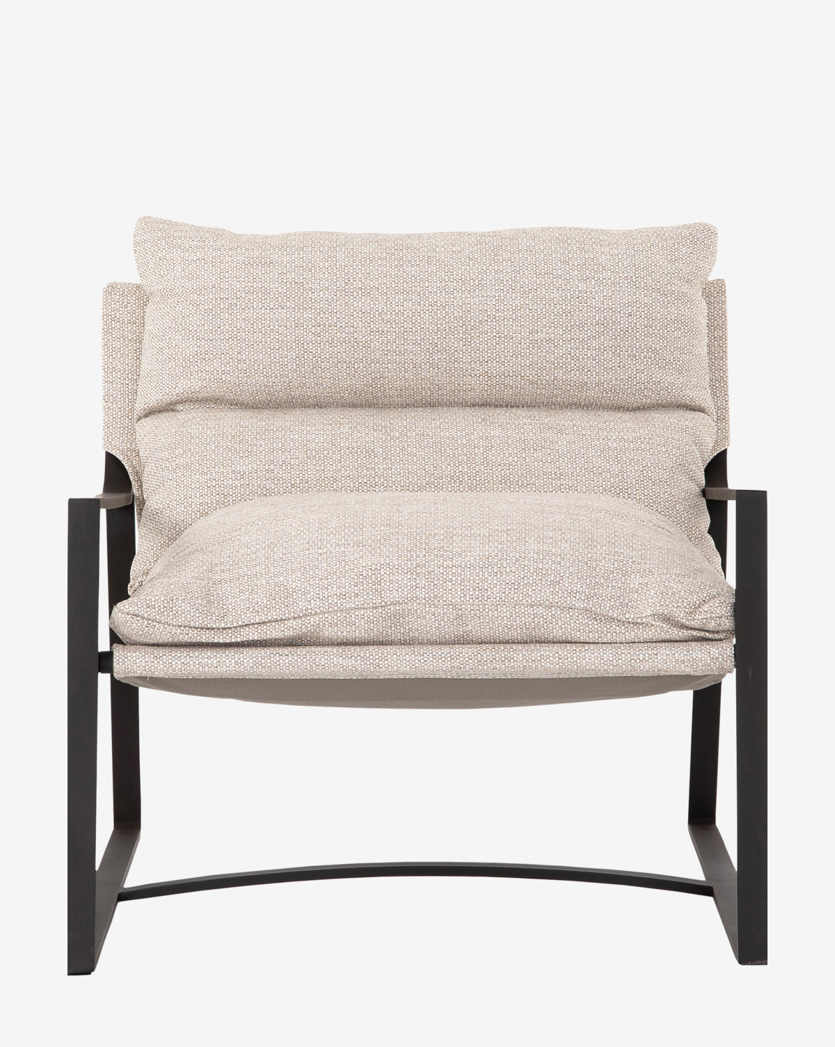 The Ismay Sling Chair features a modern black metal frame and thick, light beige removable cushions, shown from the front on a plain white background; ideal for indoor or outdoor use, by McGee & Co.