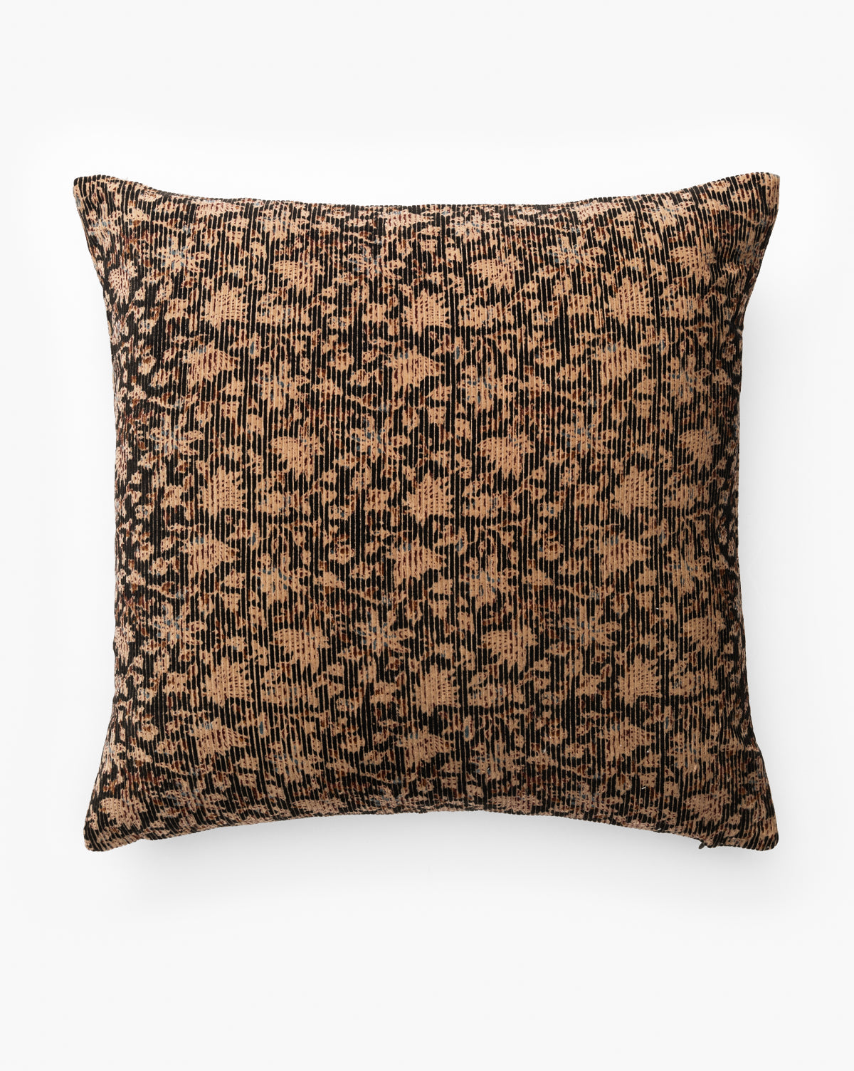 The Isolde Velvet Block Print Pillow Cover features a rectangular shape with a black and tan abstract pattern of scattered shapes and vertical lines on a white background, by McGee & Co.