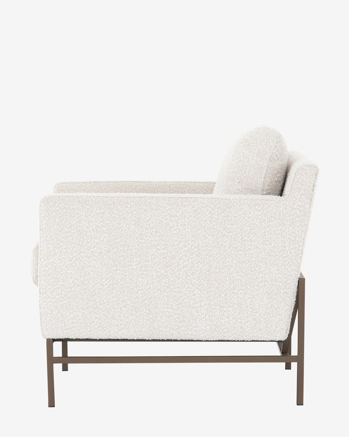 A side view of the Ivan Lounge Chair, a modern armchair with off-white textured upholstery and a minimalist dark metal frame, shown against a plain white background by McGee & Co.