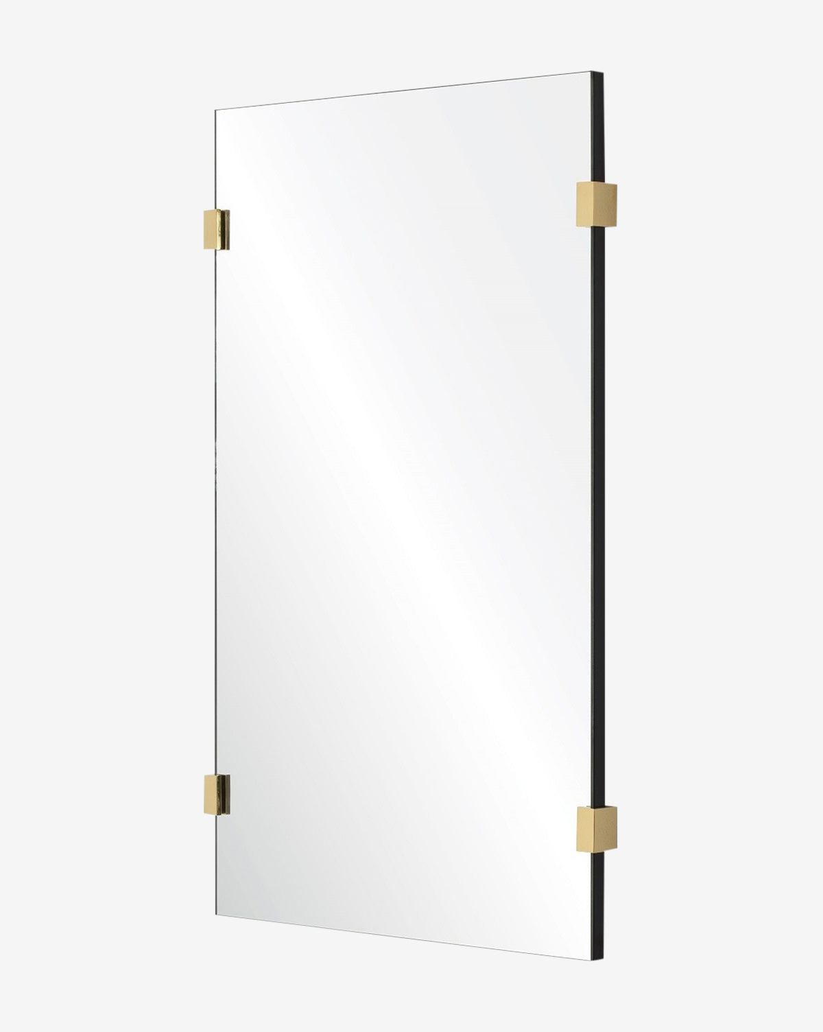 The Ivana Mirror showcases a modern rectangular design with beveled edges and four burnished brass brackets at each corner, set against a plain white background, by McGee & Co.
