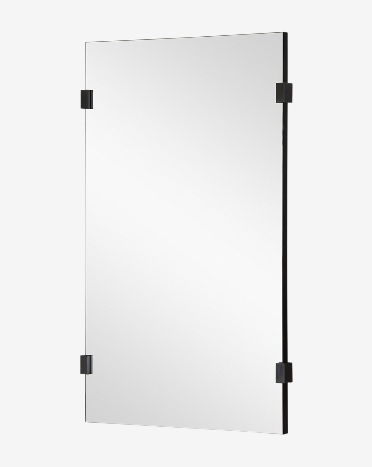 The Ivana Mirror is a modern, rectangular wall mirror featuring four black metal brackets at each corner, designed for a stylish look, by McGee & Co.