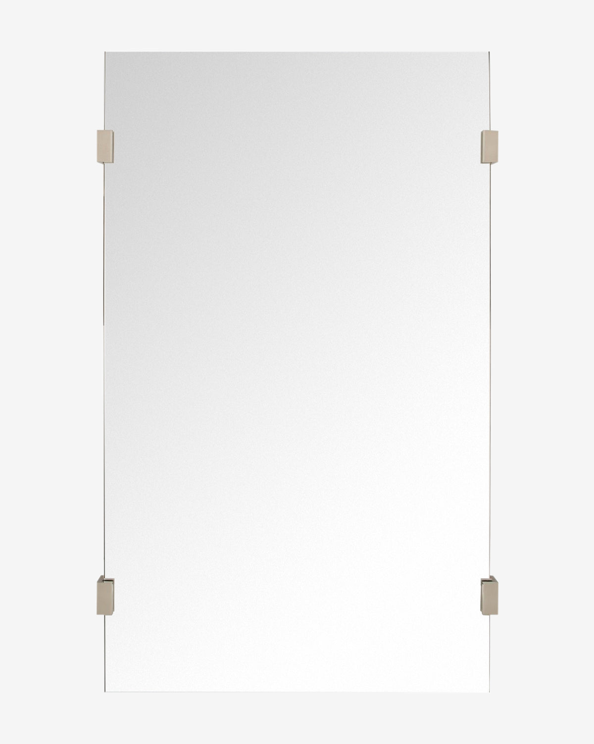 The Ivana Mirror showcases a rectangular frameless design, mounted vertically with four square burnished brass clips at each corner, adding modern style by McGee & Co.
