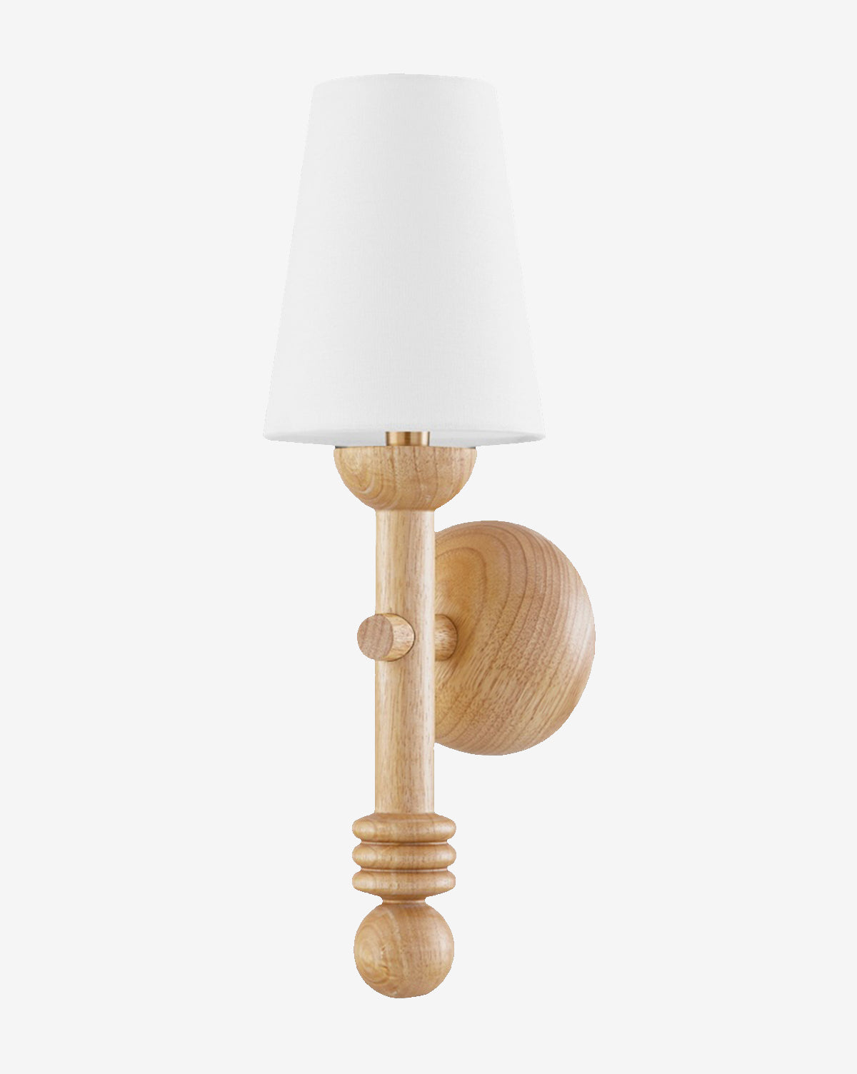 The Troy Lighting Iver Sconce showcases a modern look with a natural wood body, round backplate, vertically ridged stem, and an off-white linen shade for soft, inviting illumination—McGee & Co.