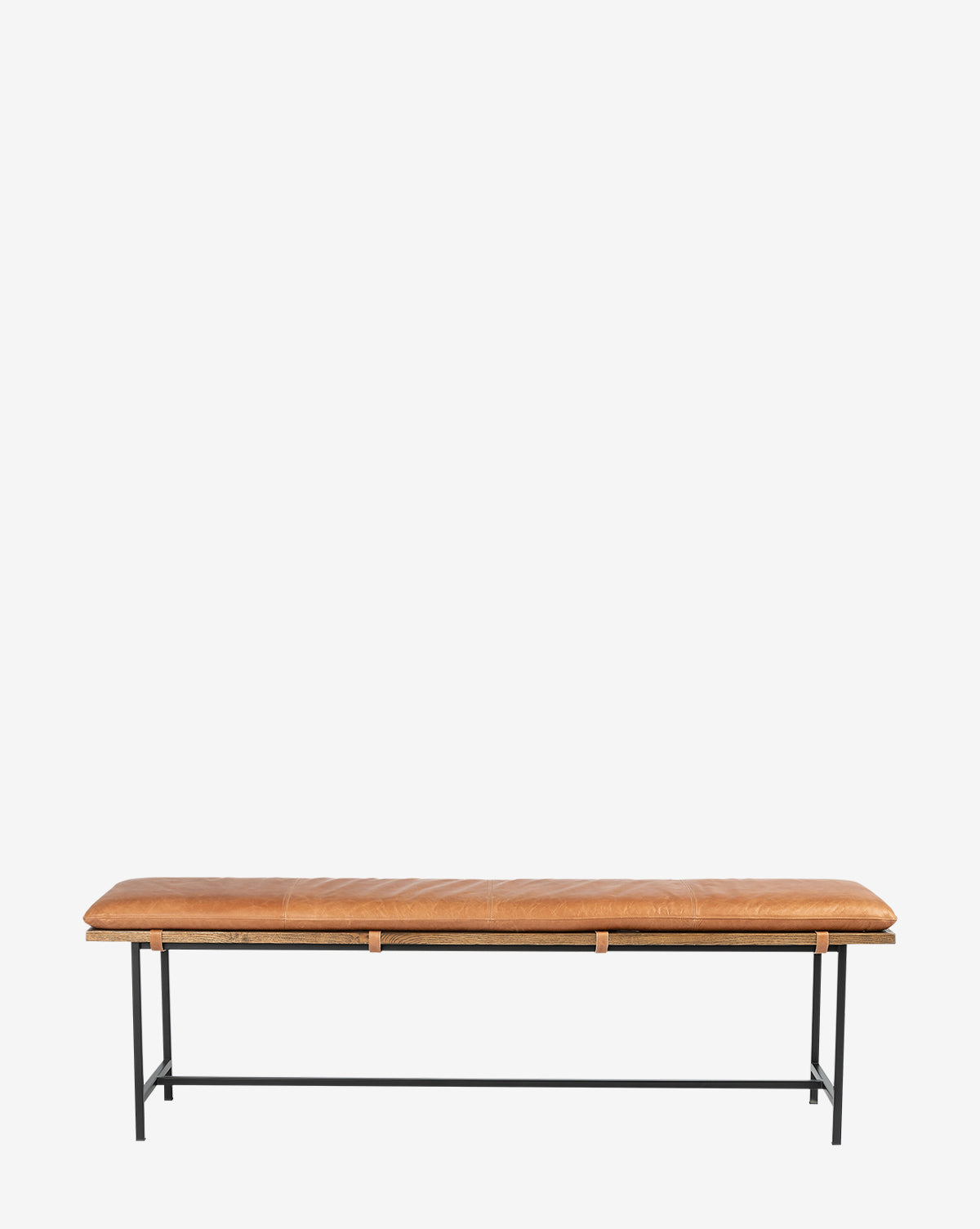 The Jagger Accent Bench features a tan leather cushion and a sleek black metal frame, showcasing transitional style in a minimalist design against a plain white background, by McGee & Co.