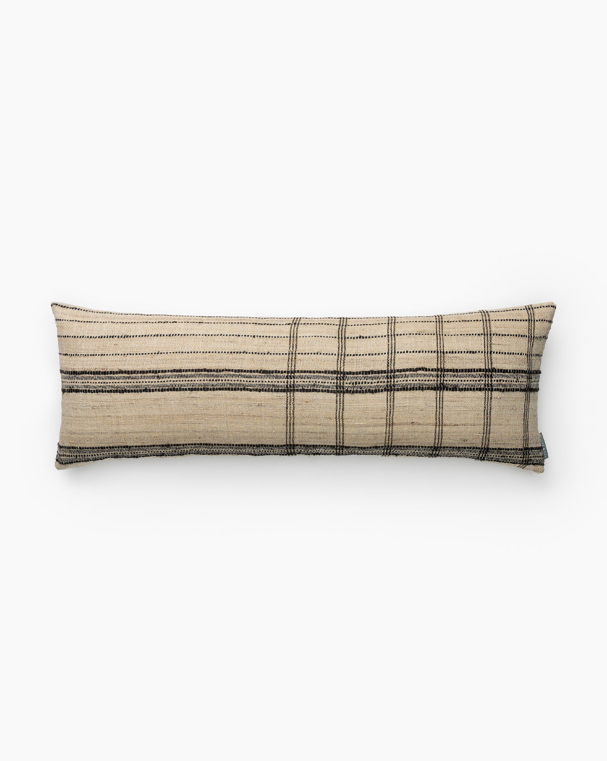 The Jean Silk Pillow Cover is a long rectangular beige silk pillow cover with black stitched plaid lines, shown on a white background—an elegant accent for any space, by McGee & Co.