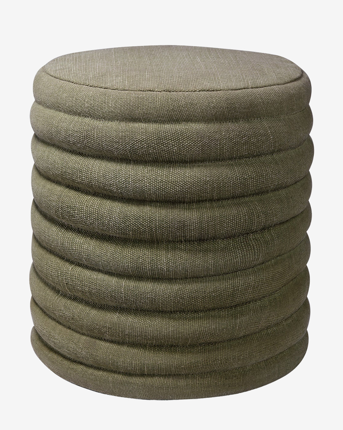 The Jefferson Stool by Made Goods is a round, olive-green ottoman with layered, ribbed texture and stacked cushion style that brings mid-century retro flair to any space by McGee & Co.