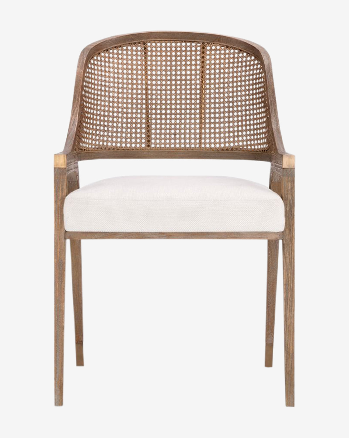 The Jensen Dining Chair, shown from the front on a white background, has a hand-woven cane back, straight armrests, and a white cushioned seat—all crafted from solid Cape Lilac Mahogany, by McGee & Co.