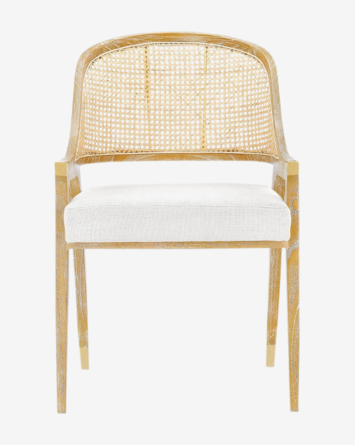 Front view of the Jensen Dining Chair, showcasing its solid Cape Lilac Mahogany frame, hand-woven cane back, and white upholstered seat on a plain white background, by McGee & Co.