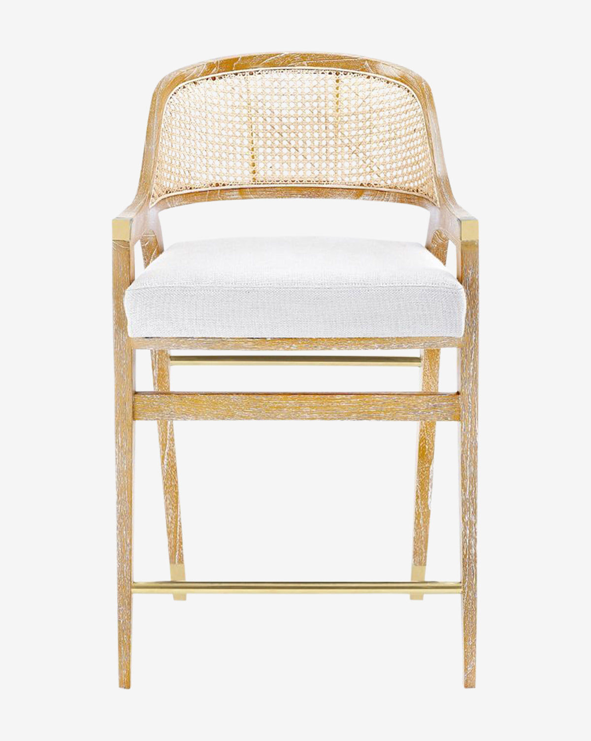 Front view of the Jensen Counter Stool, featuring a solid Cape Lilac Mahogany frame, hand-woven cane back, white cushion seat, and gold metal footrest, shown against a plain white backdrop, by McGee & Co.