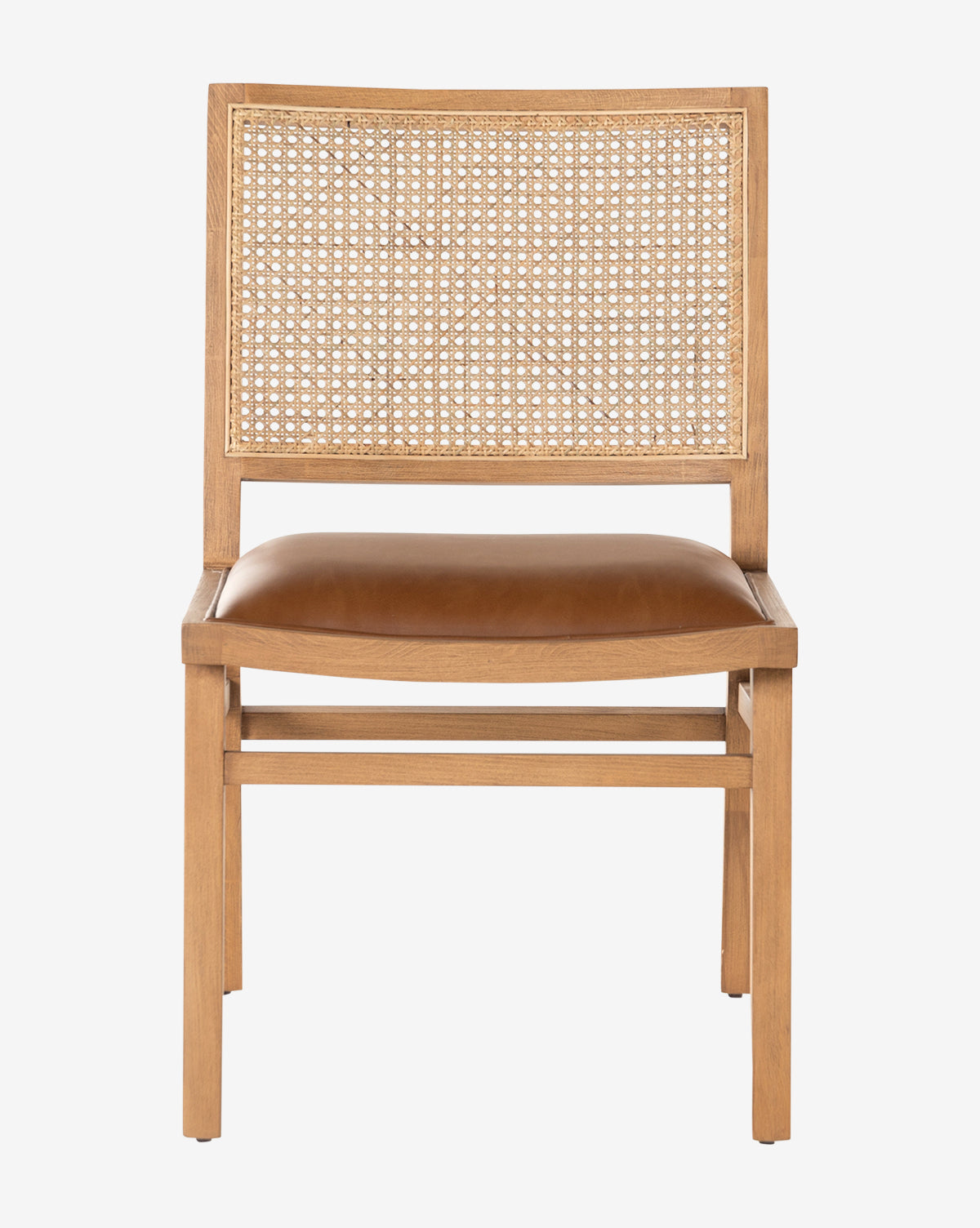 The Jett Dining Chair, shown from the front against a white background, has a beech wood frame, woven cane backrest, and brown leather seat by McGee & Co.