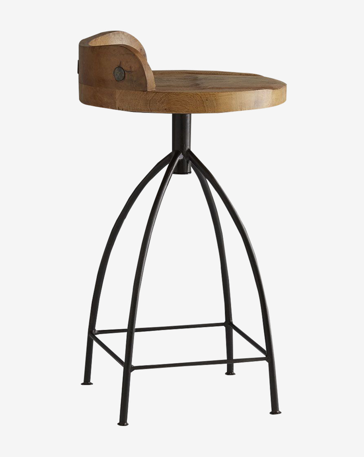 The Johan Counter Stool features a wood seat with a small curved backrest, black metal legs, arched supports, and a footrest for modern rustic style.