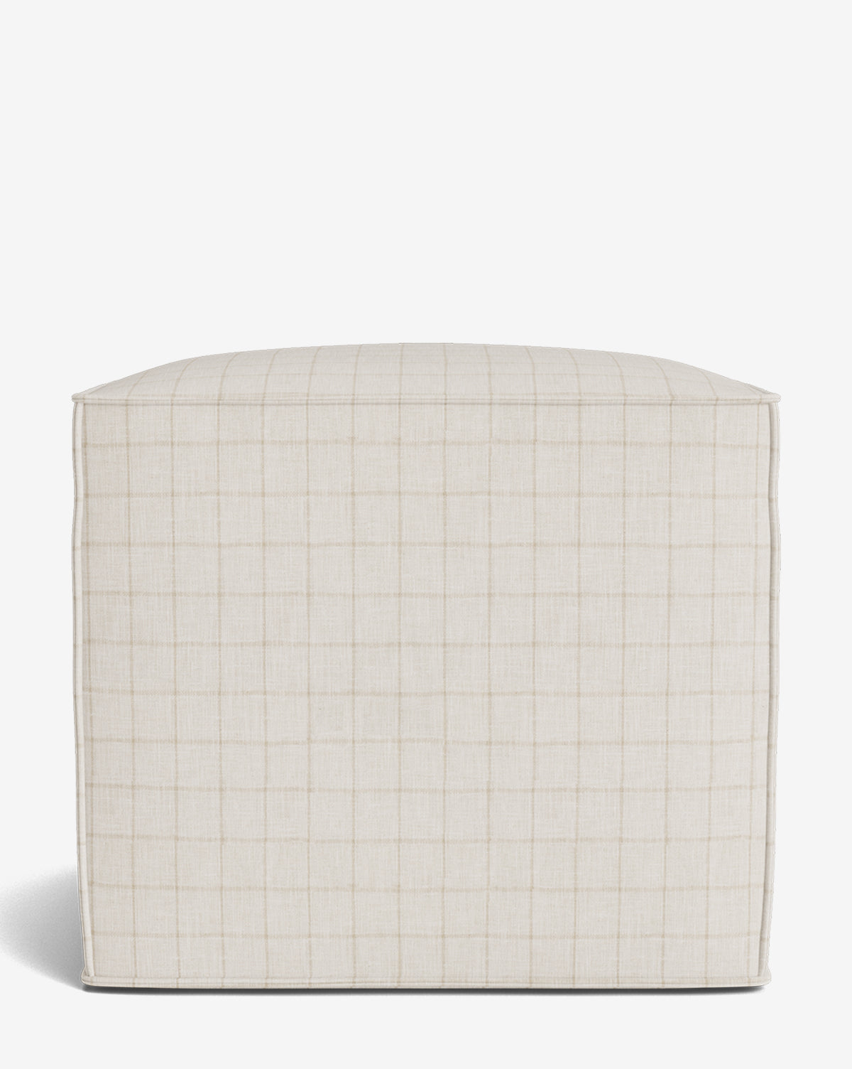 The Johannes Cube by McGee & Co. is a square ottoman with cushioned seating in light beige fabric featuring an ivory windowpane grid, shown against a white background by McGee & Co.