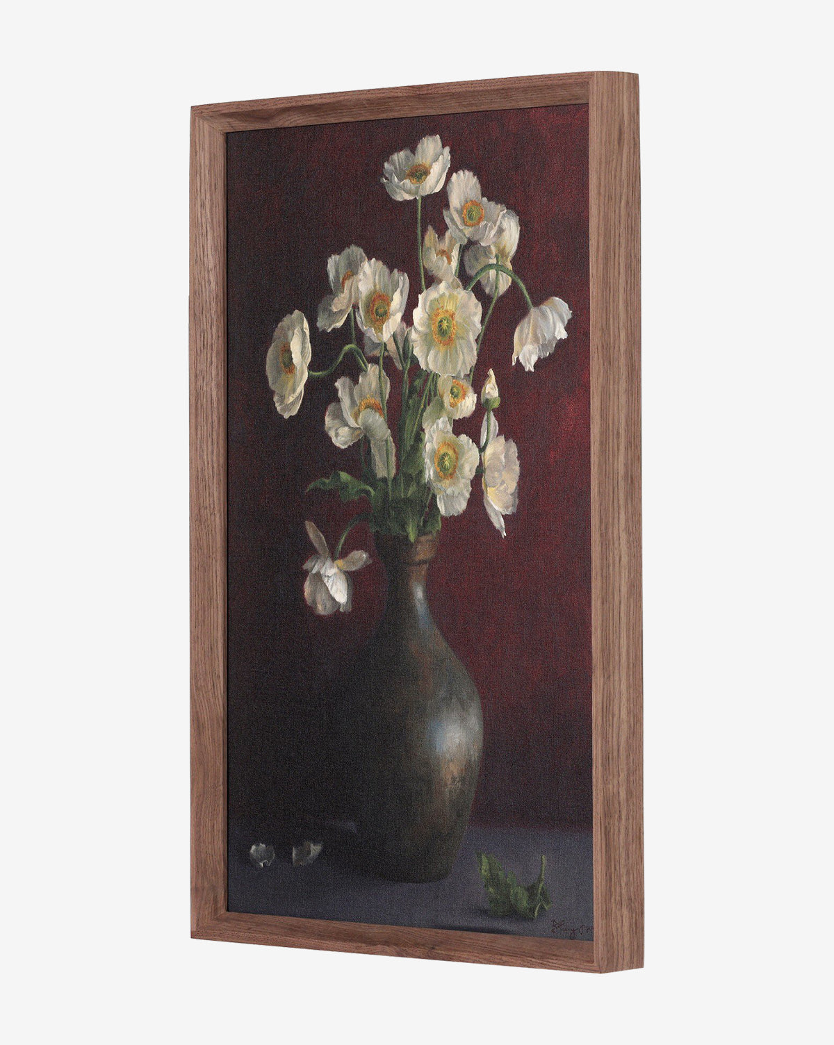 Jubilee by Bethany Joseph is a framed oil still life of white blooms with yellow centers in a dark vase, set against a deep red background with scattered petals and leaves below, handmade in Austin, by McGee & Co.