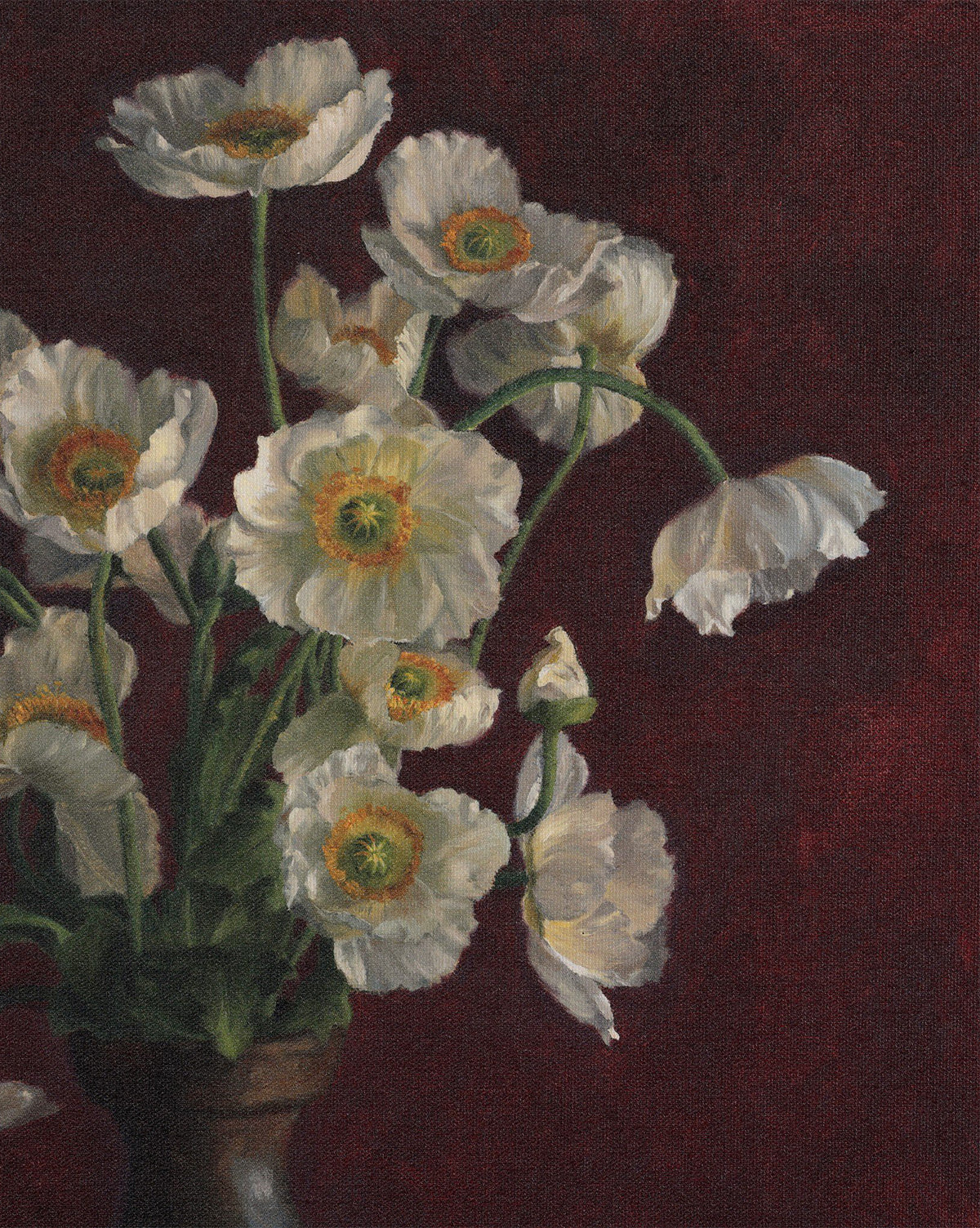 Jubilee by Bethany Joseph: An oil still life of white poppies with yellow centers in a dark vase, set before a deep red textured background. Handmade in Austin, each bloom is uniquely upright or gracefully bending, by McGee & Co.