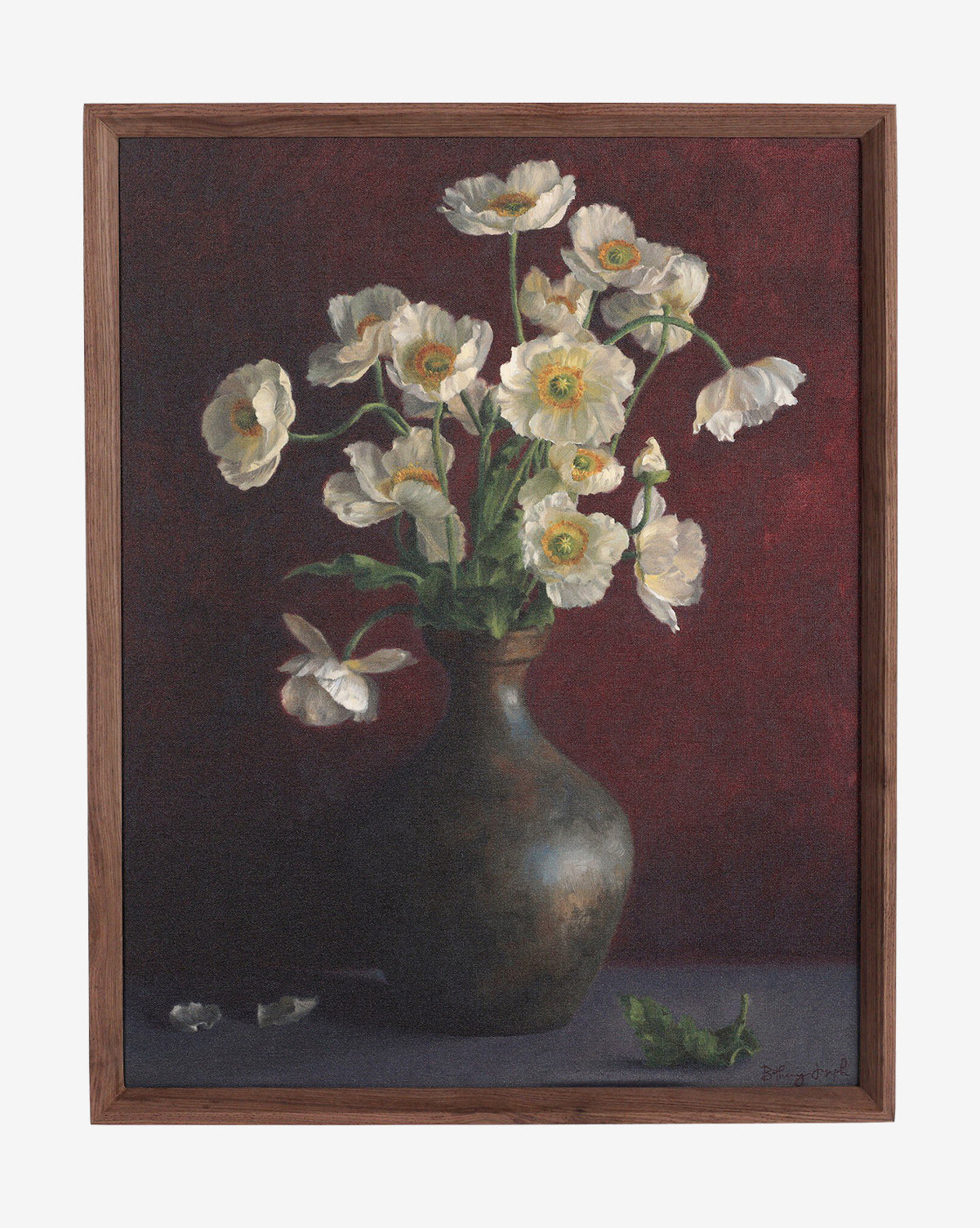 “Jubilee” by Bethany Joseph is a framed oil still life painting featuring white blooms with yellow centers in a dark vase, scattered petals and green leaves on the table, set against a deep red background. Handmade in Austin, by McGee & Co.